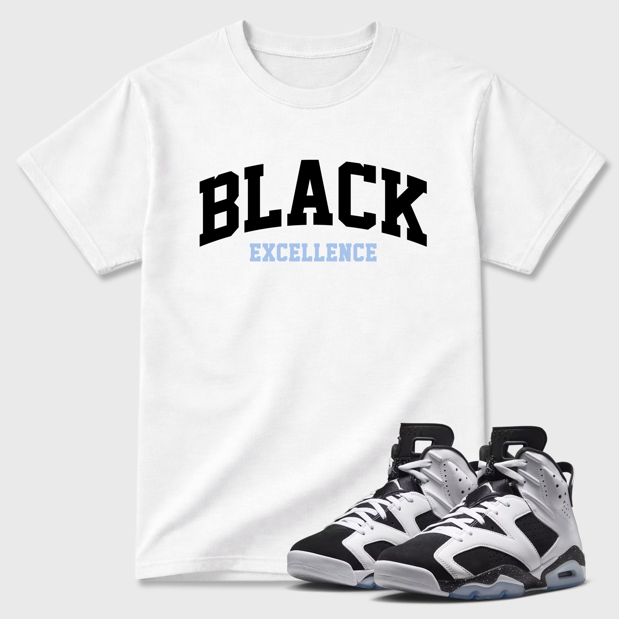 Varsity Black Excellence Graphic T-Shirt featuring original streetwear artwork designed to match the Air Jordan 6 Black and White. White 1 Graphic T-Shirt.