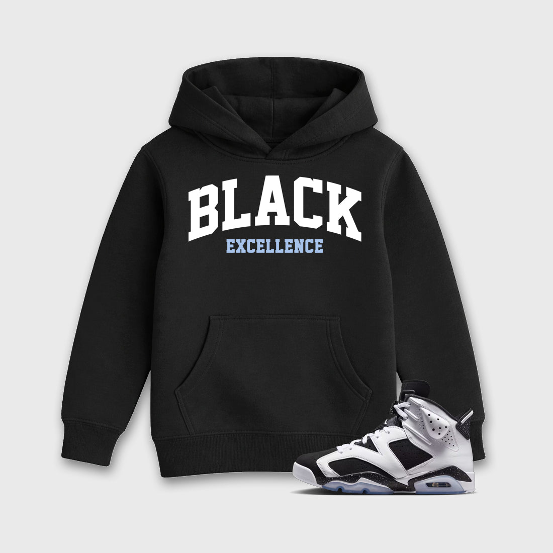 Varsity Black Excellence Baby & Kids Graphic Hoodie featuring original artwork designed to match the Air Jordan 6 Black and White. Black 1 Kids Graphic Sweater.