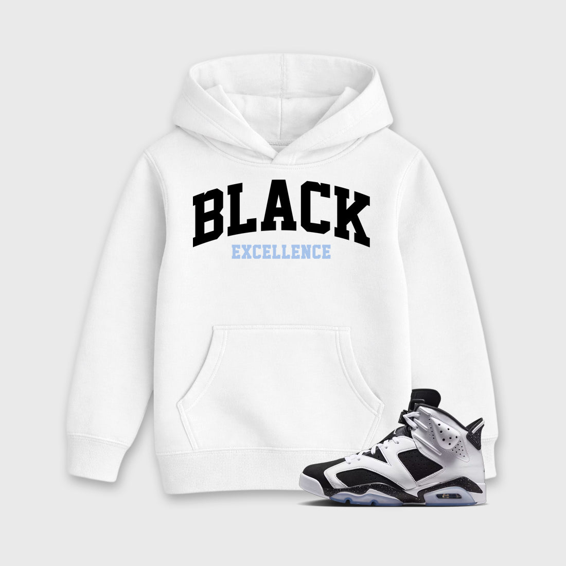 Varsity Black Excellence Baby & Kids Graphic Hoodie featuring original artwork designed to match the Air Jordan 6 Black and White. White 1 Kids Graphic Sweater.