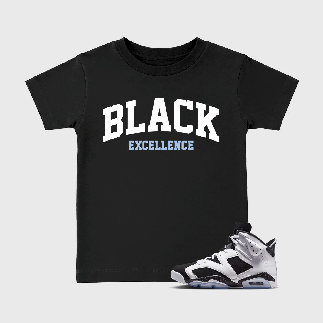 Varsity Black Excellence Baby & Kids Graphic T-Shirt featuring original artwork designed to match the Air Jordan 6 Black and White. Black 1 Kids Graphic Tee.