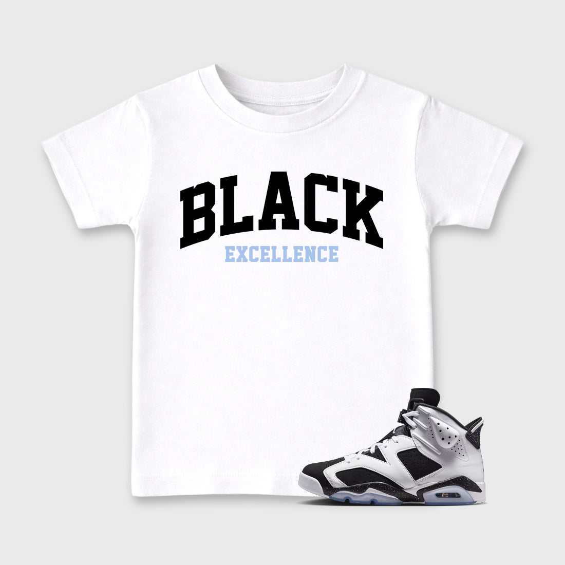 Varsity Black Excellence Baby & Kids Graphic T-Shirt featuring original artwork designed to match the Air Jordan 6 Black and White. White 1 Kids Graphic Tee.