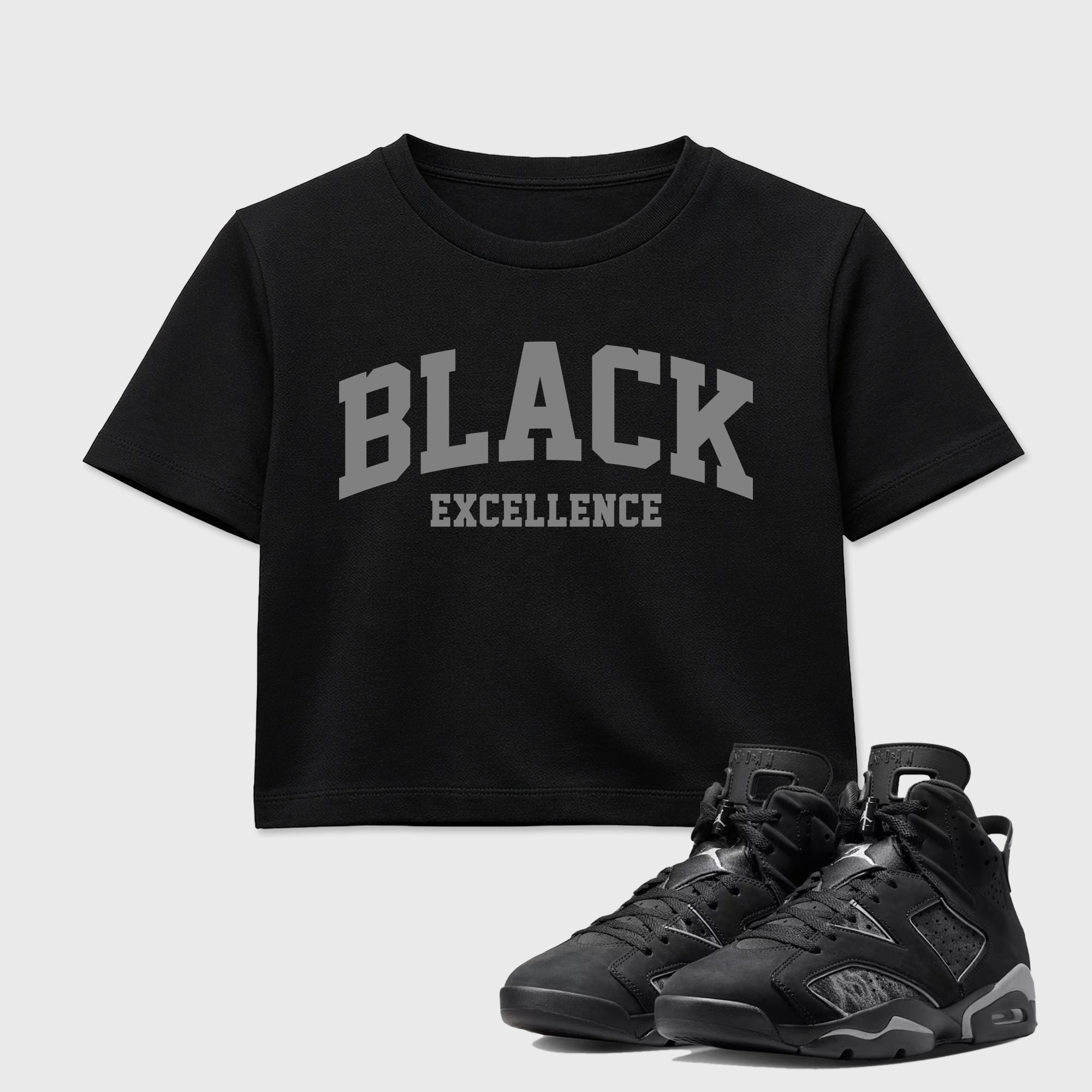 Sneaker match tees – Sneaker Tees To Match Air Jordan 6 Cap and Gown Shoes – Varsity Black Excellence Crop T-Shirt Black 1