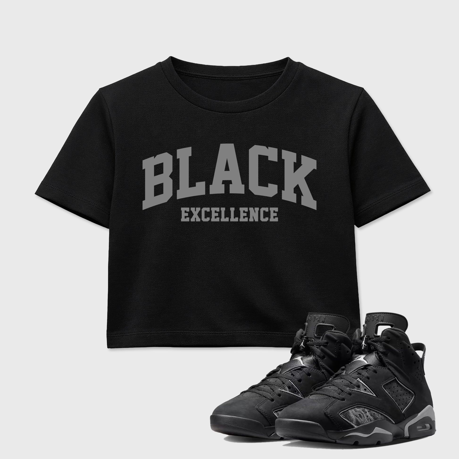 Sneaker match tees – Sneaker Tees To Match Air Jordan 6 Cap and Gown Shoes – Varsity Black Excellence Crop T-Shirt Black 1