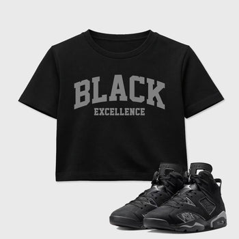 Sneaker match tees – Sneaker Tees To Match Air Jordan 6 Cap and Gown Shoes – Varsity Black Excellence Crop T-Shirt Black 1