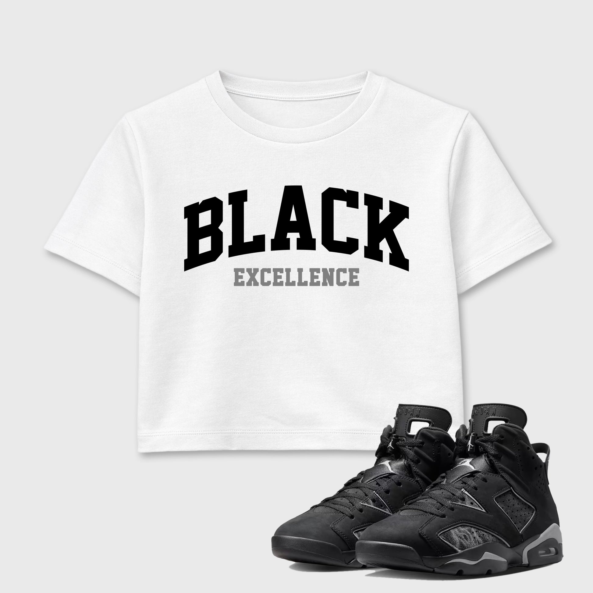 Sneaker match tees – Sneaker Tees To Match Air Jordan 6 Cap and Gown Shoes – Varsity Black Excellence Crop T-Shirt White 1