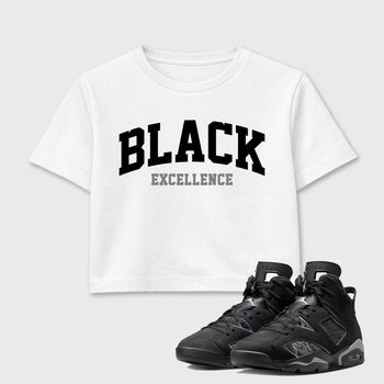 Sneaker match tees – Sneaker Tees To Match Air Jordan 6 Cap and Gown Shoes – Varsity Black Excellence Crop T-Shirt White 1