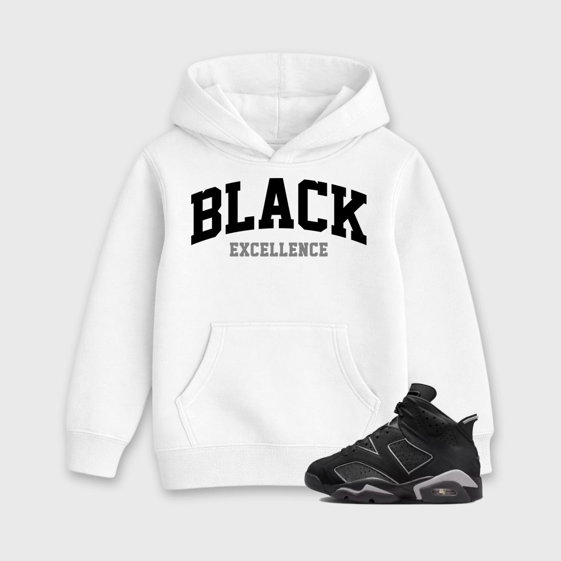 Sneaker match tees – Sneaker Tees To Match Air Jordan 6 Cap and Gown Shoes – Varsity Black Excellence Kids T-Shirt White 1