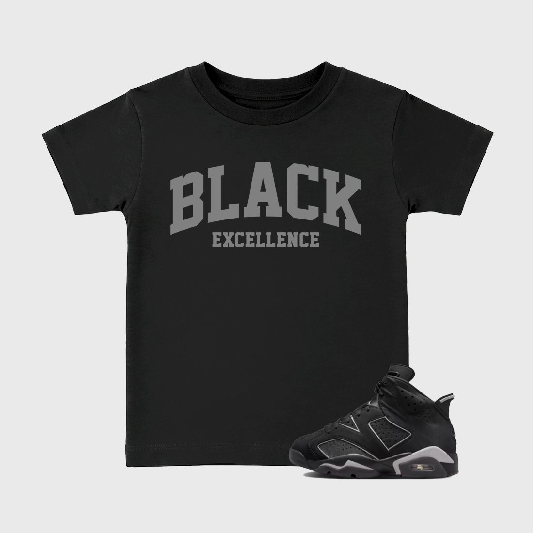 Sneaker match tees – Sneaker Tees To Match Air Jordan 6 Cap and Gown Shoes – Varsity Black Excellence Kids T-Shirt Black 1