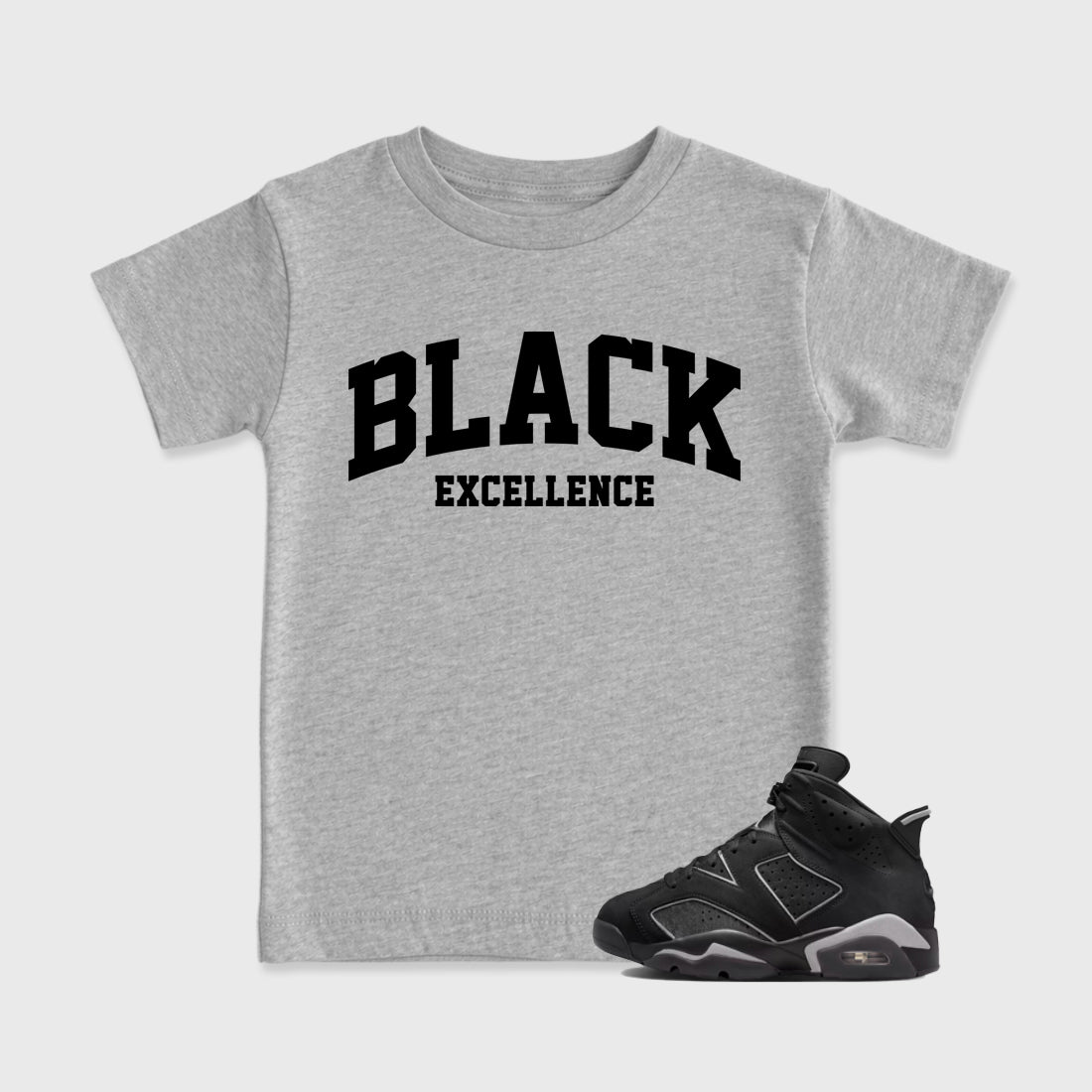 Sneaker match tees – Sneaker Tees To Match Air Jordan 6 Cap and Gown Shoes – Varsity Black Excellence Kids T-Shirt Heather Grey 1
