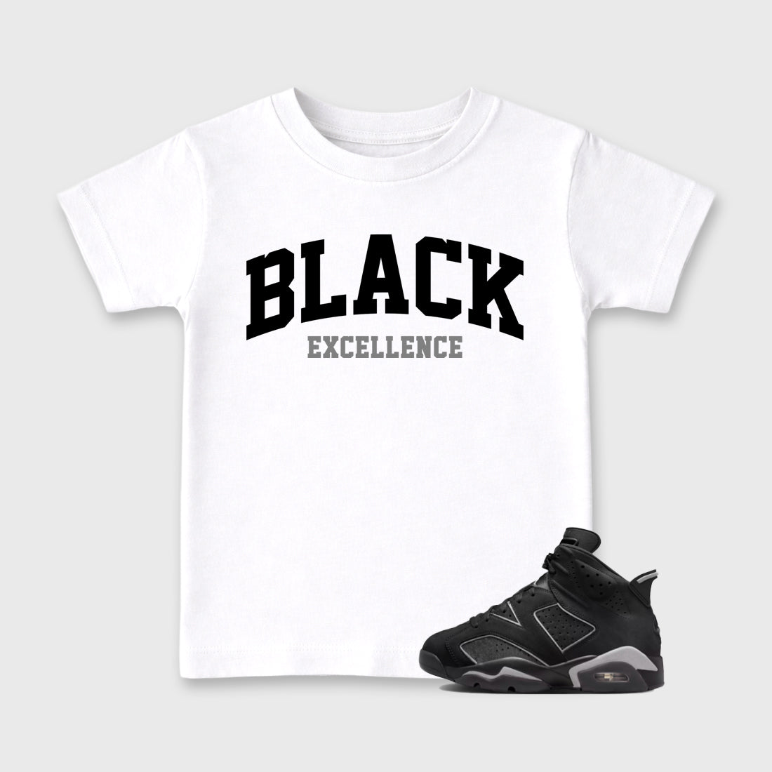 Sneaker match tees – Sneaker Tees To Match Air Jordan 6 Cap and Gown Shoes – Varsity Black Excellence Kids T-Shirt White 1