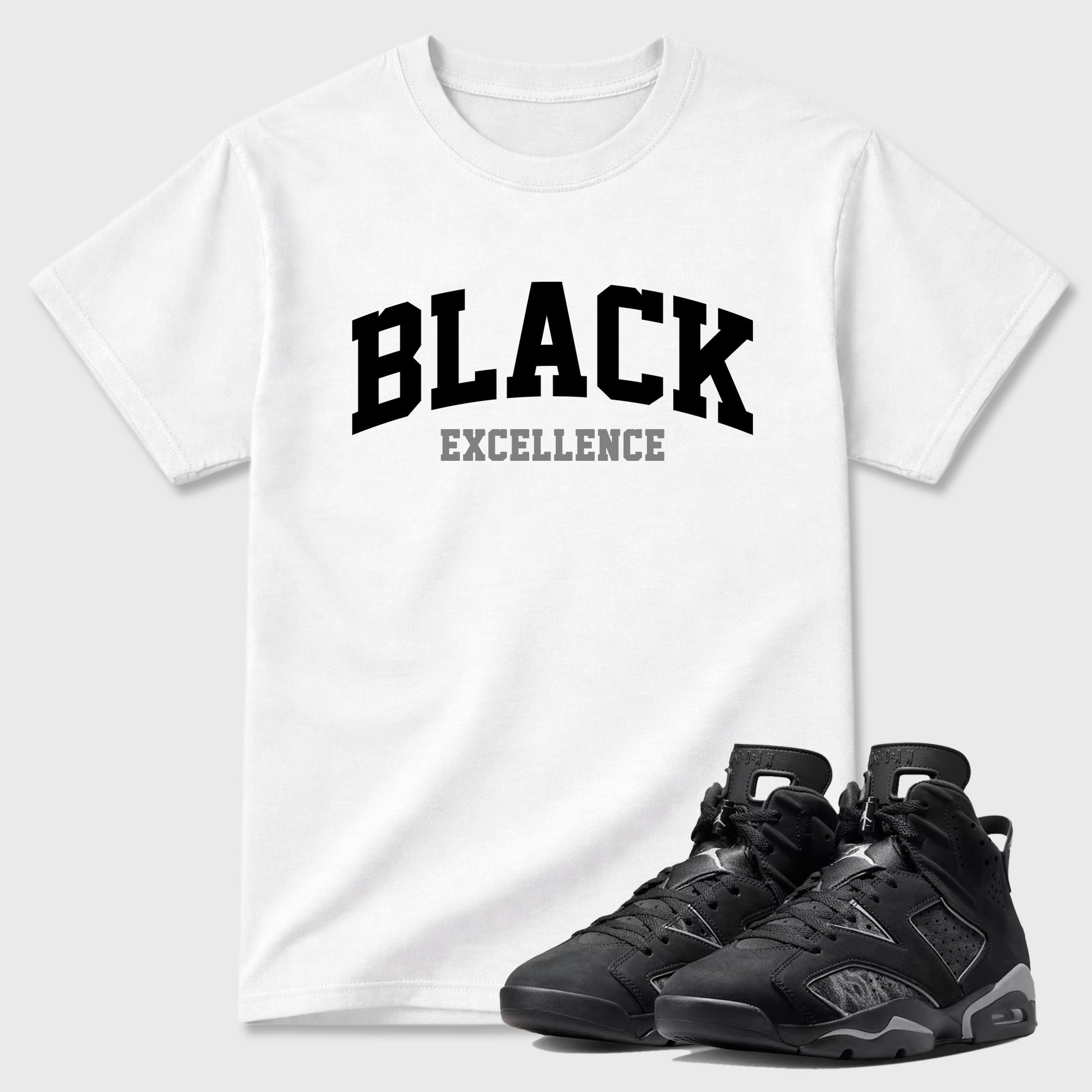 Sneaker match tees – Sneaker Tees To Match Air Jordan 6 Cap and Gown Shoes – Varsity Black Excellence Tee White 1