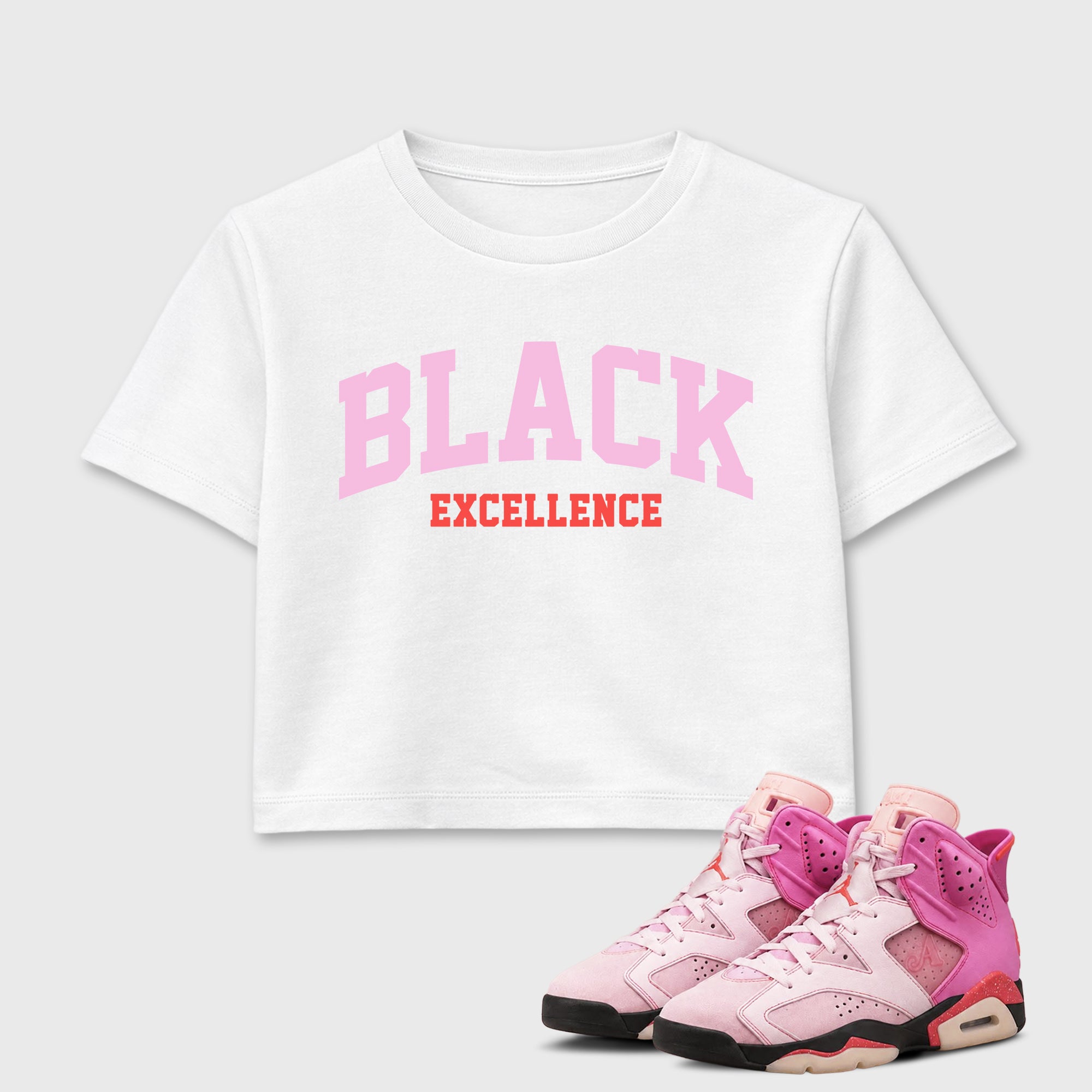 Varsity Black Excellence women_ crop tee designed to match the Air Jordan 6 Playful Pink, featuring coordinated White 1 options for a perfect streetwear vibe.