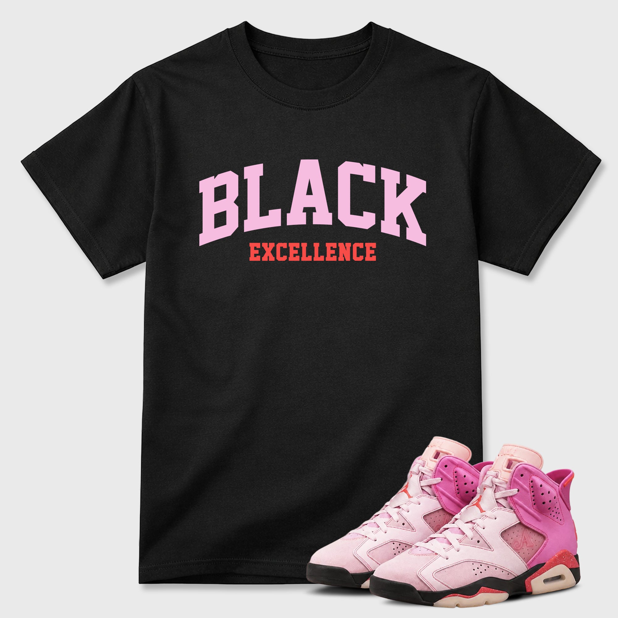 Varsity Black Excellence Graphic T-Shirt featuring original streetwear artwork designed to match the Air Jordan 6 Playful Pink. Black 1 Graphic T-Shirt.