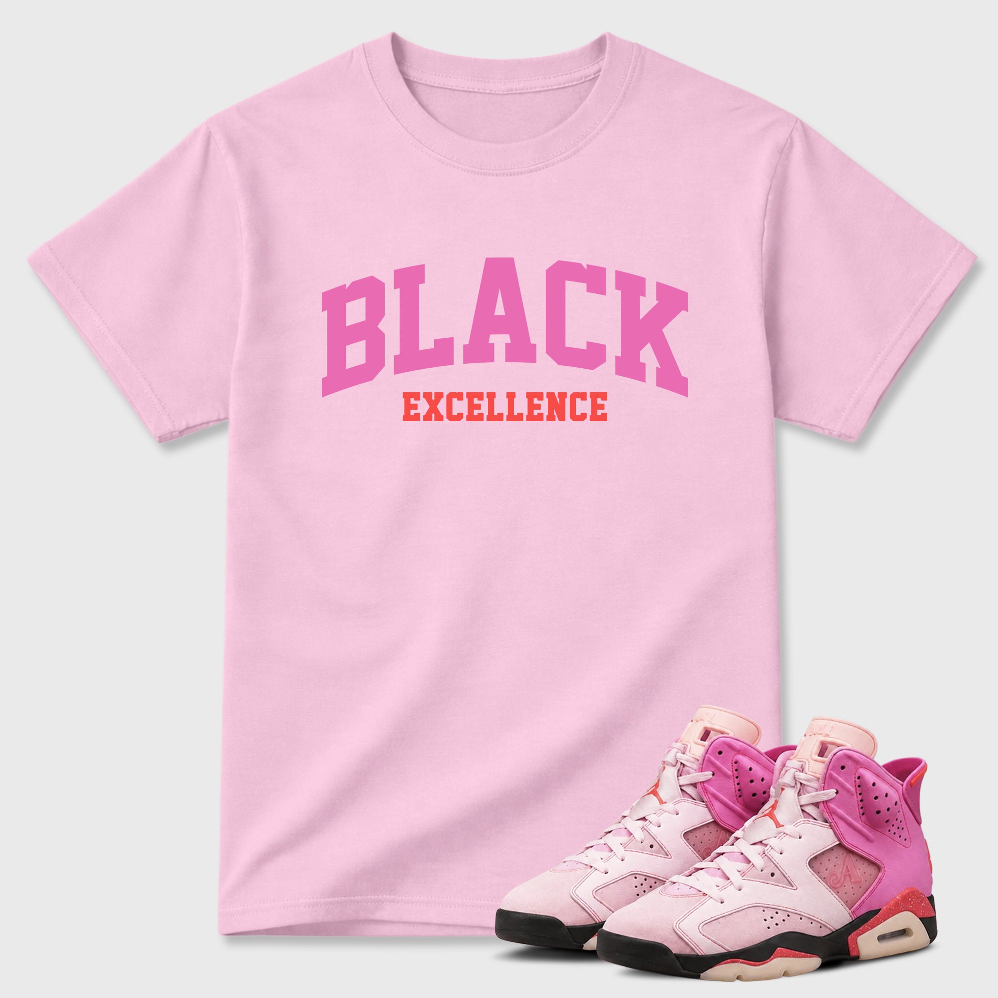 Varsity Black Excellence Graphic T-Shirt featuring original streetwear artwork designed to match the Air Jordan 6 Playful Pink. Pink 1 Graphic T-Shirt.