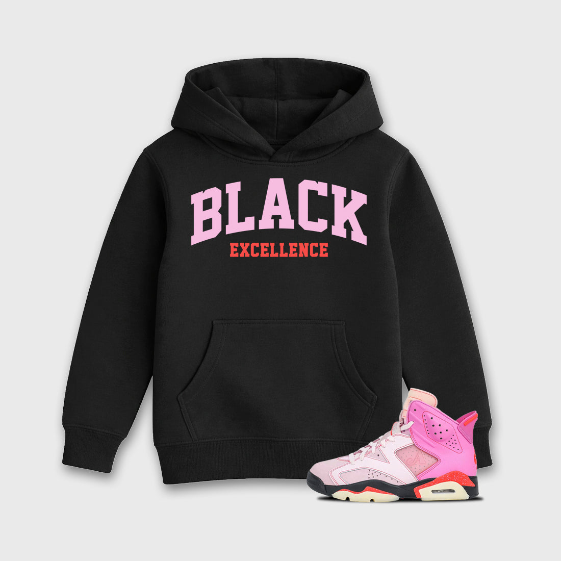 Varsity Black Excellence Baby & Kids Graphic Hoodie featuring original artwork designed to match the Air Jordan 6 Playful Pink. Black 1 Kids Graphic Sweater.