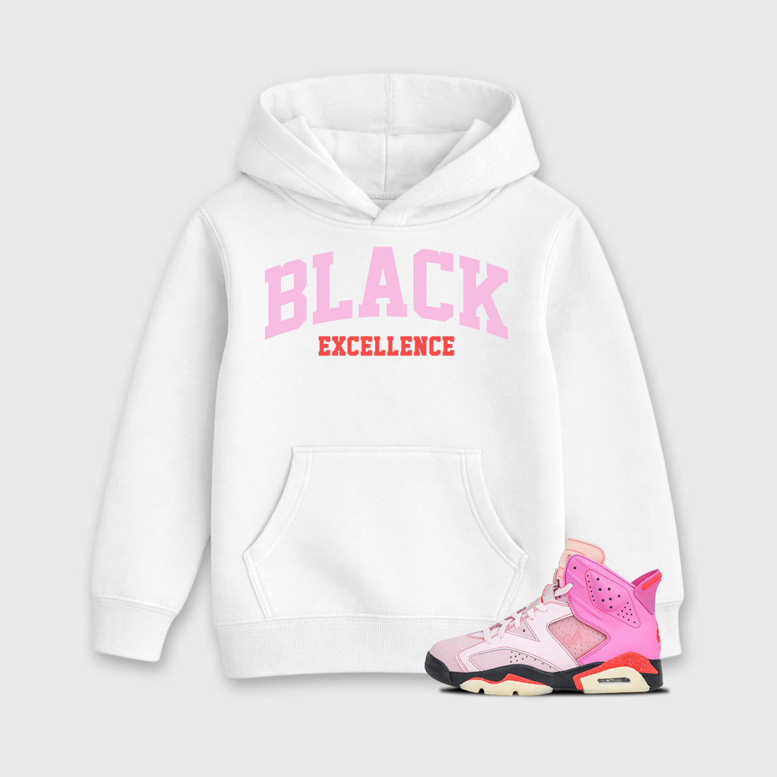 Varsity Black Excellence Baby & Kids Graphic Hoodie featuring original artwork designed to match the Air Jordan 6 Playful Pink. White 1 Kids Graphic Sweater.