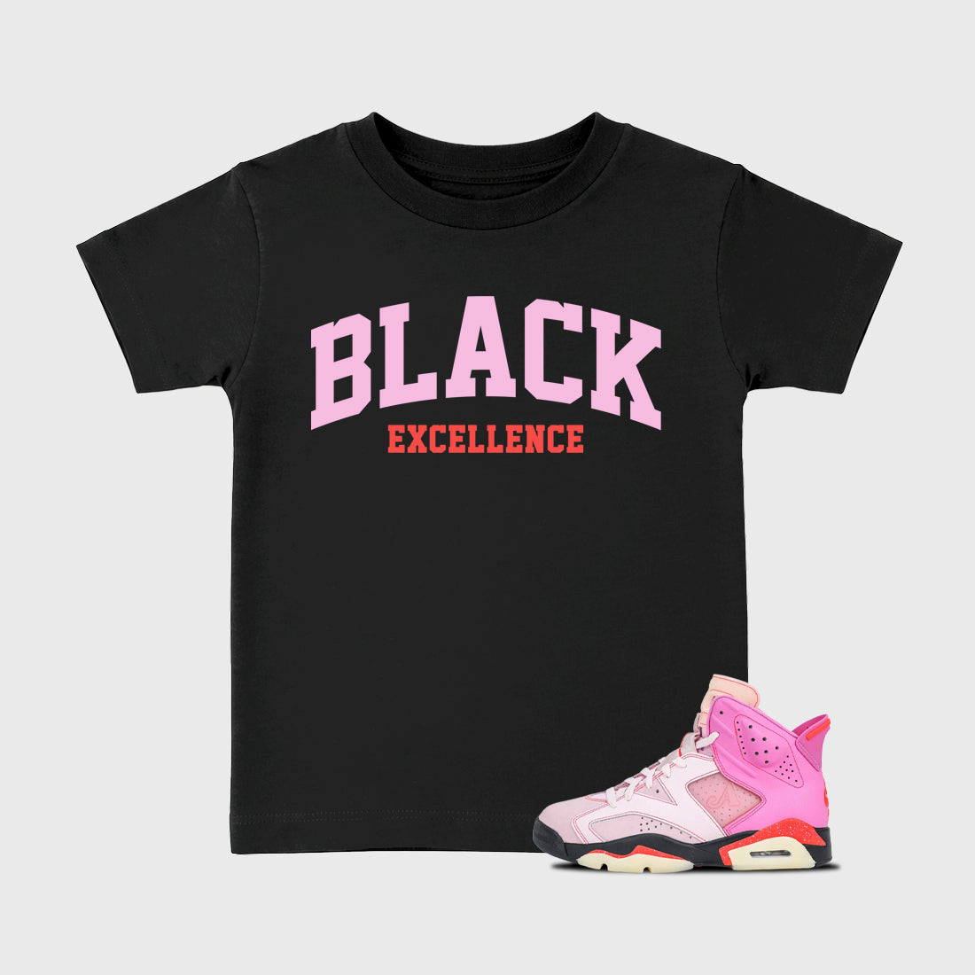 Varsity Black Excellence Baby & Kids Graphic T-Shirt featuring original artwork designed to match the Air Jordan 6 Playful Pink. Black 1 Kids Graphic Tee.