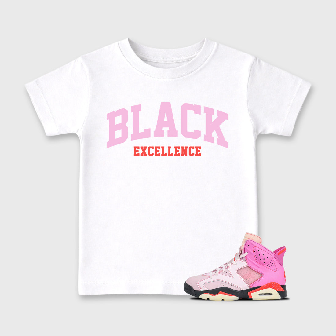 Varsity Black Excellence Baby & Kids Graphic T-Shirt featuring original artwork designed to match the Air Jordan 6 Playful Pink. White 1 Kids Graphic Tee.