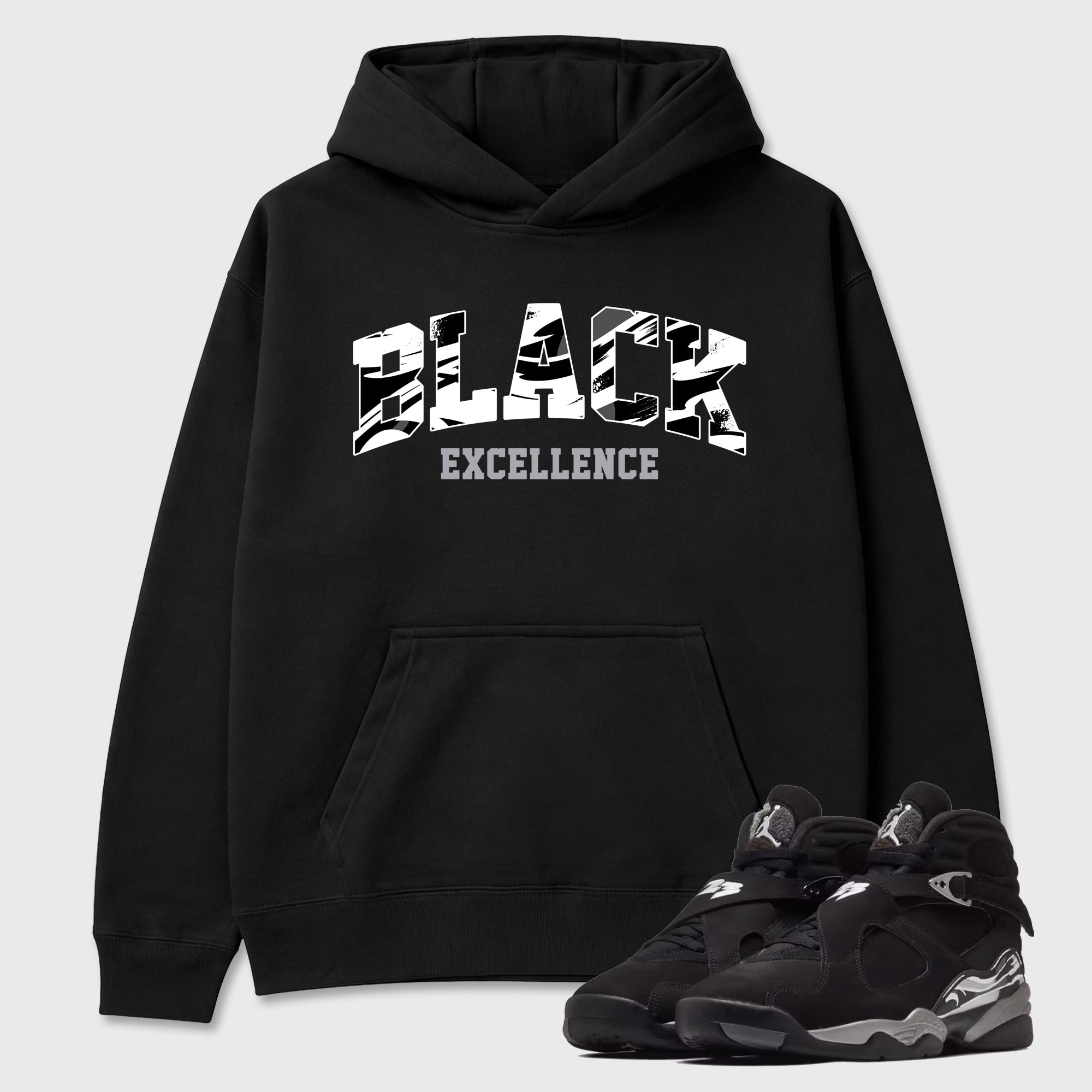 Varsity Black Excellence Graphic T-Shirt featuring original streetwear artwork designed to match the Air Jordan 8 Chrome. Black 1 Graphic Tee.