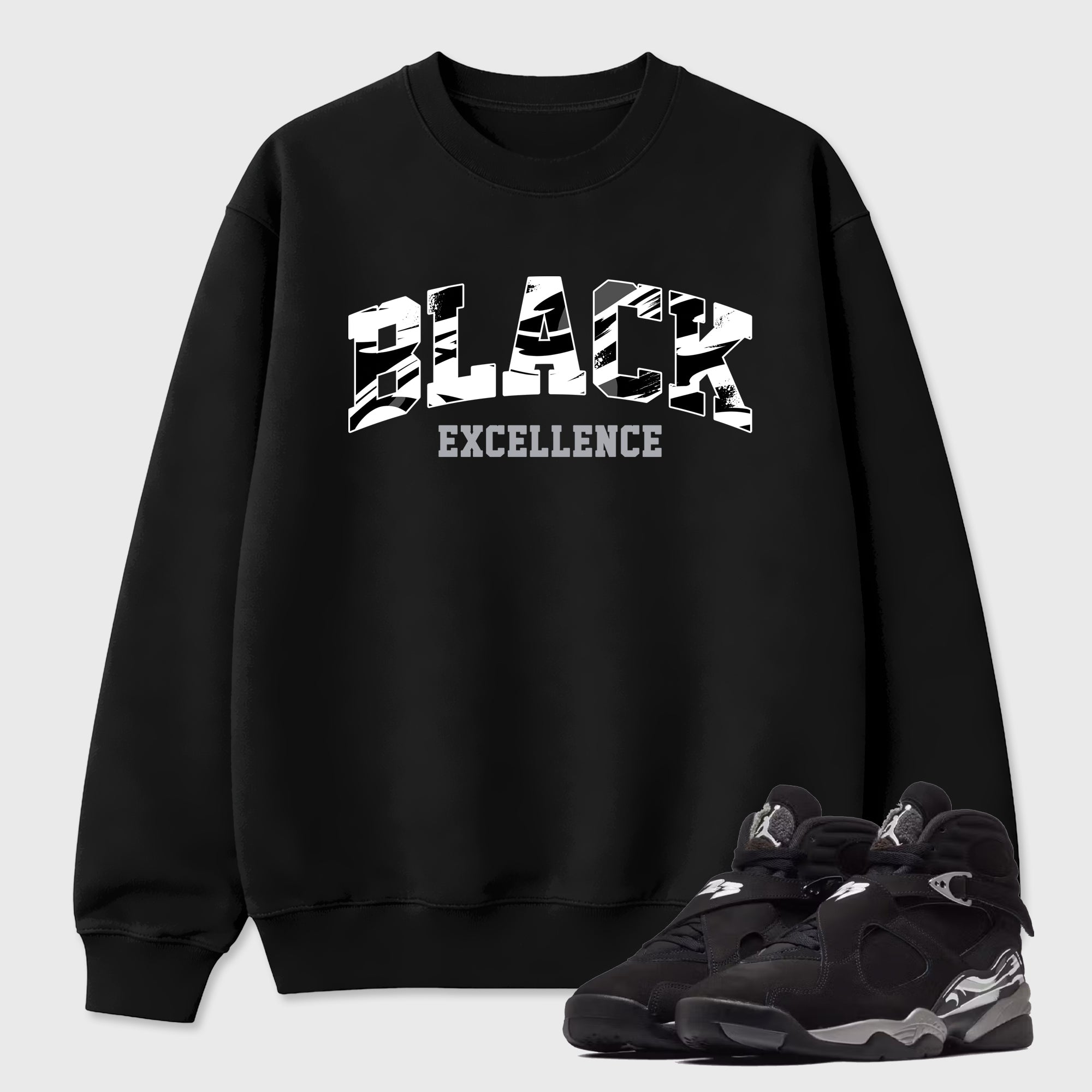 Varsity Black Excellence Graphic T-Shirt featuring original streetwear artwork designed to match the Air Jordan 8 Chrome. Black 1 Graphic Tee.