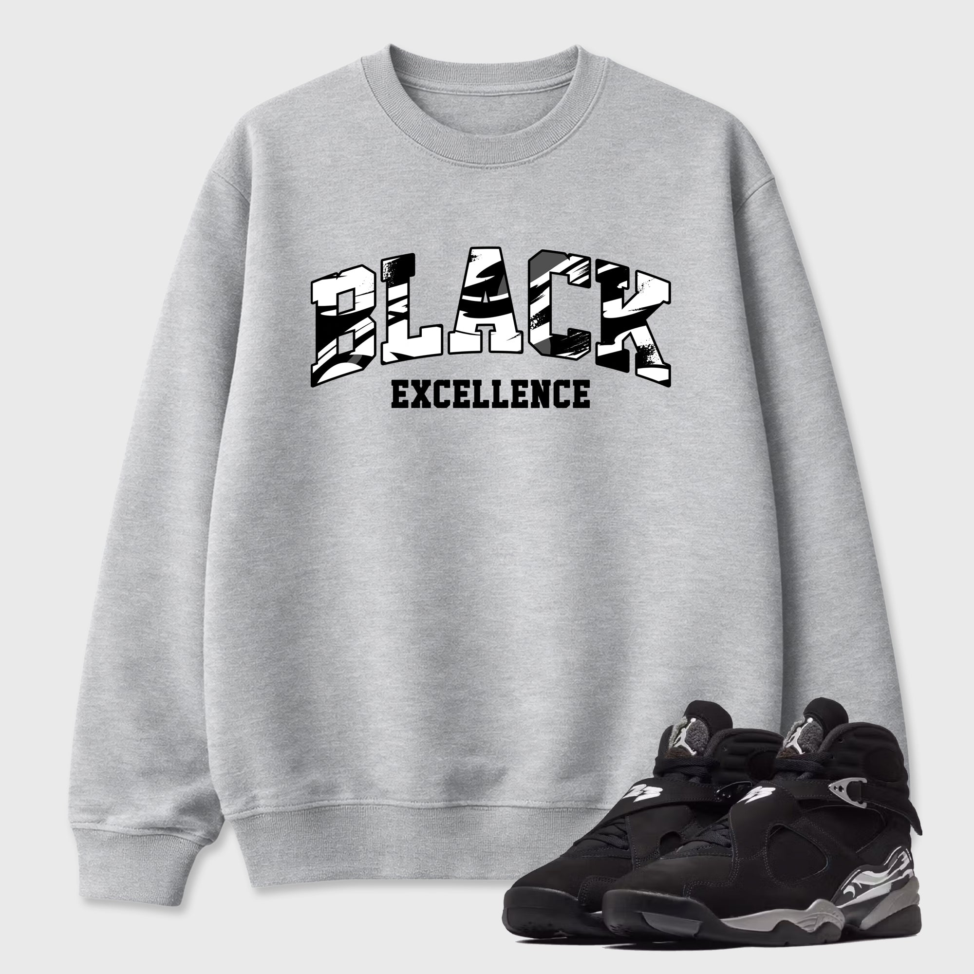 Varsity Black Excellence Graphic T-Shirt featuring original streetwear artwork designed to match the Air Jordan 8 Chrome. Heather Grey 1 Graphic Tee.