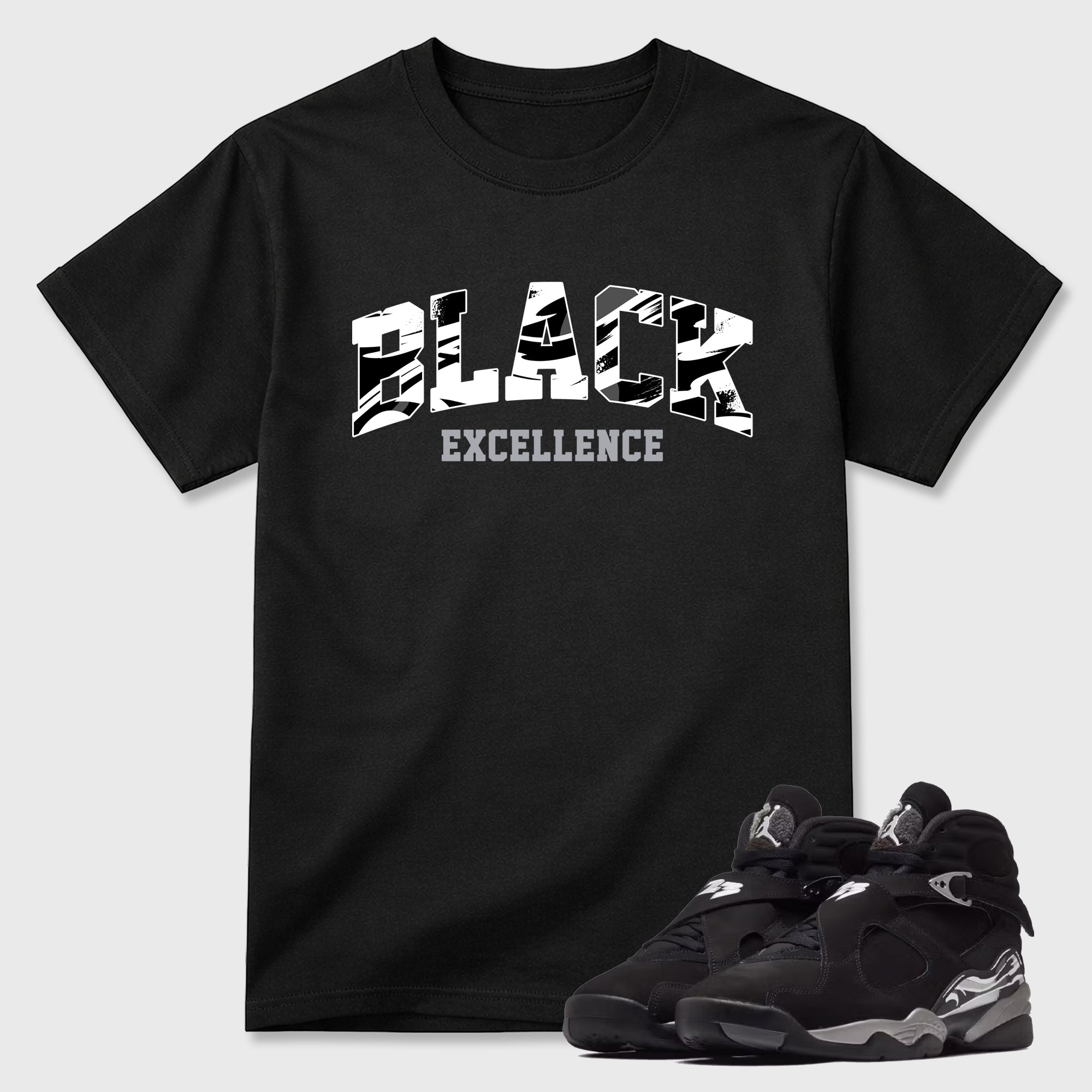 Varsity Black Excellence Graphic T-Shirt featuring original streetwear artwork designed to match the Air Jordan 8 Chrome. Black 1 Graphic T-Shirt.