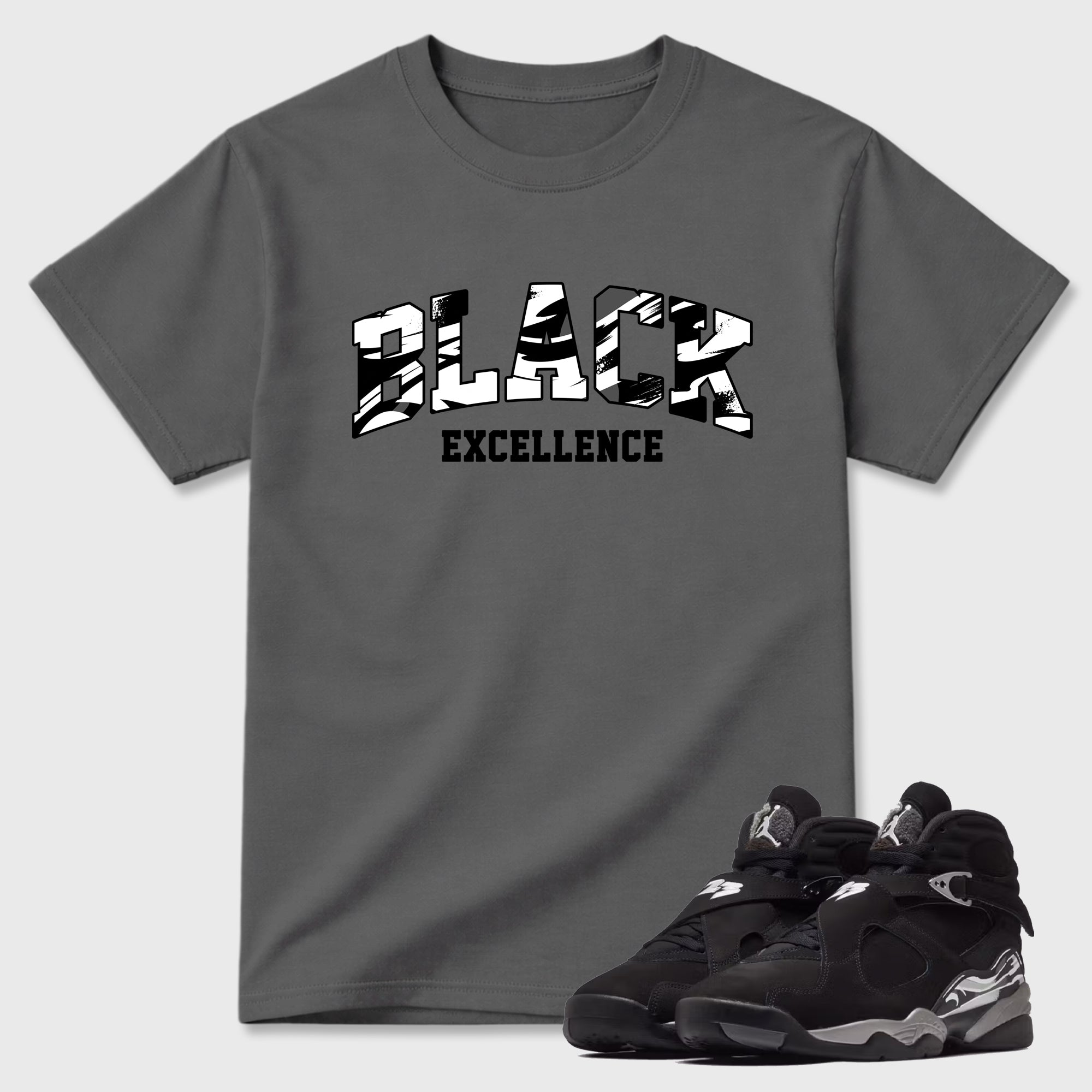 Varsity Black Excellence Graphic T-Shirt featuring original streetwear artwork designed to match the Air Jordan 8 Chrome. Cool Grey 1 Graphic T-Shirt.