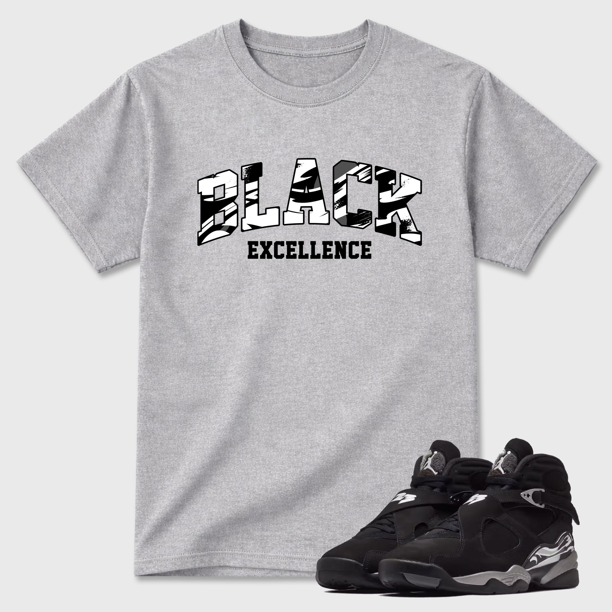Varsity Black Excellence Graphic T-Shirt featuring original streetwear artwork designed to match the Air Jordan 8 Chrome. Heather Grey 1 Graphic T-Shirt.