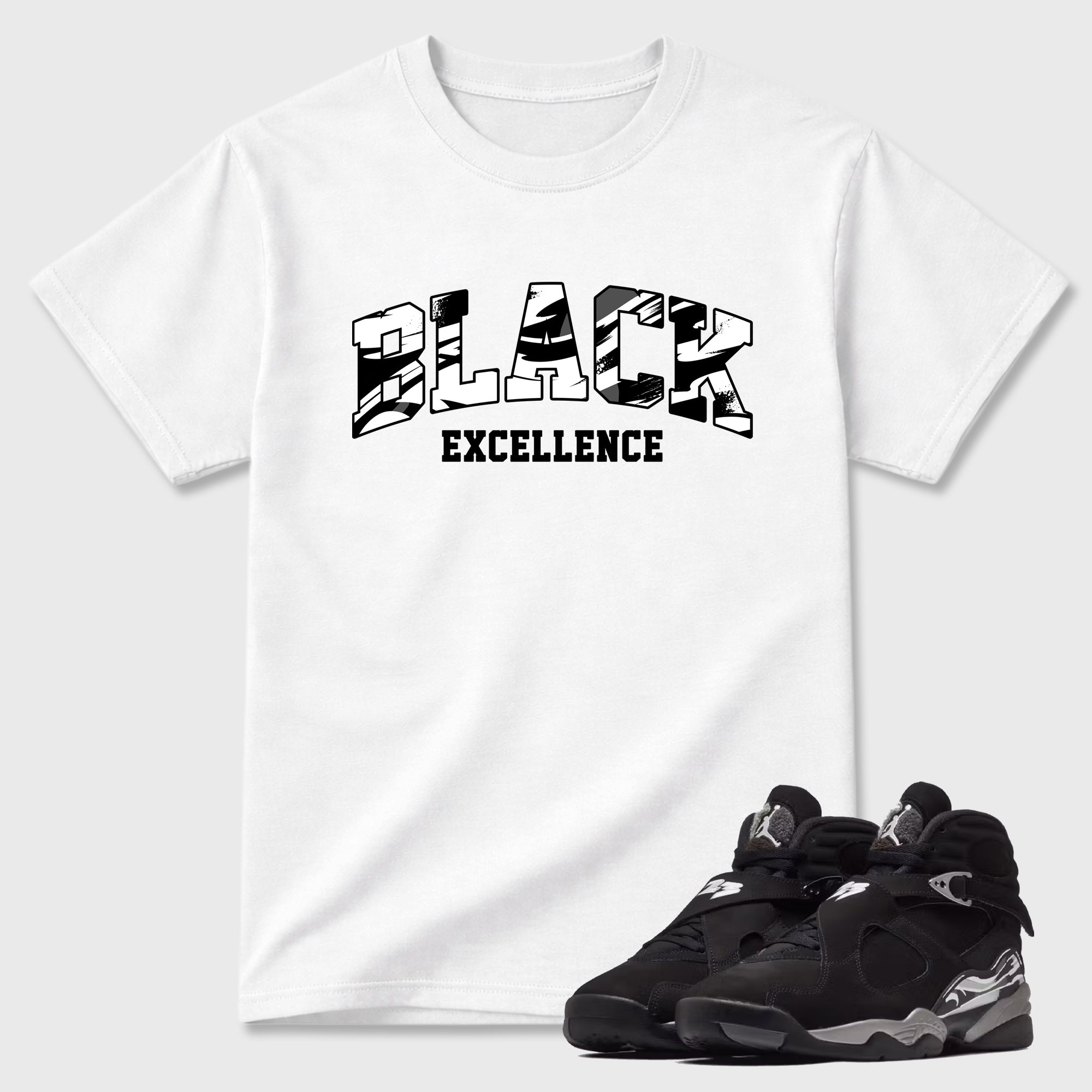 Varsity Black Excellence Graphic T-Shirt featuring original streetwear artwork designed to match the Air Jordan 8 Chrome. White 1 Graphic T-Shirt.