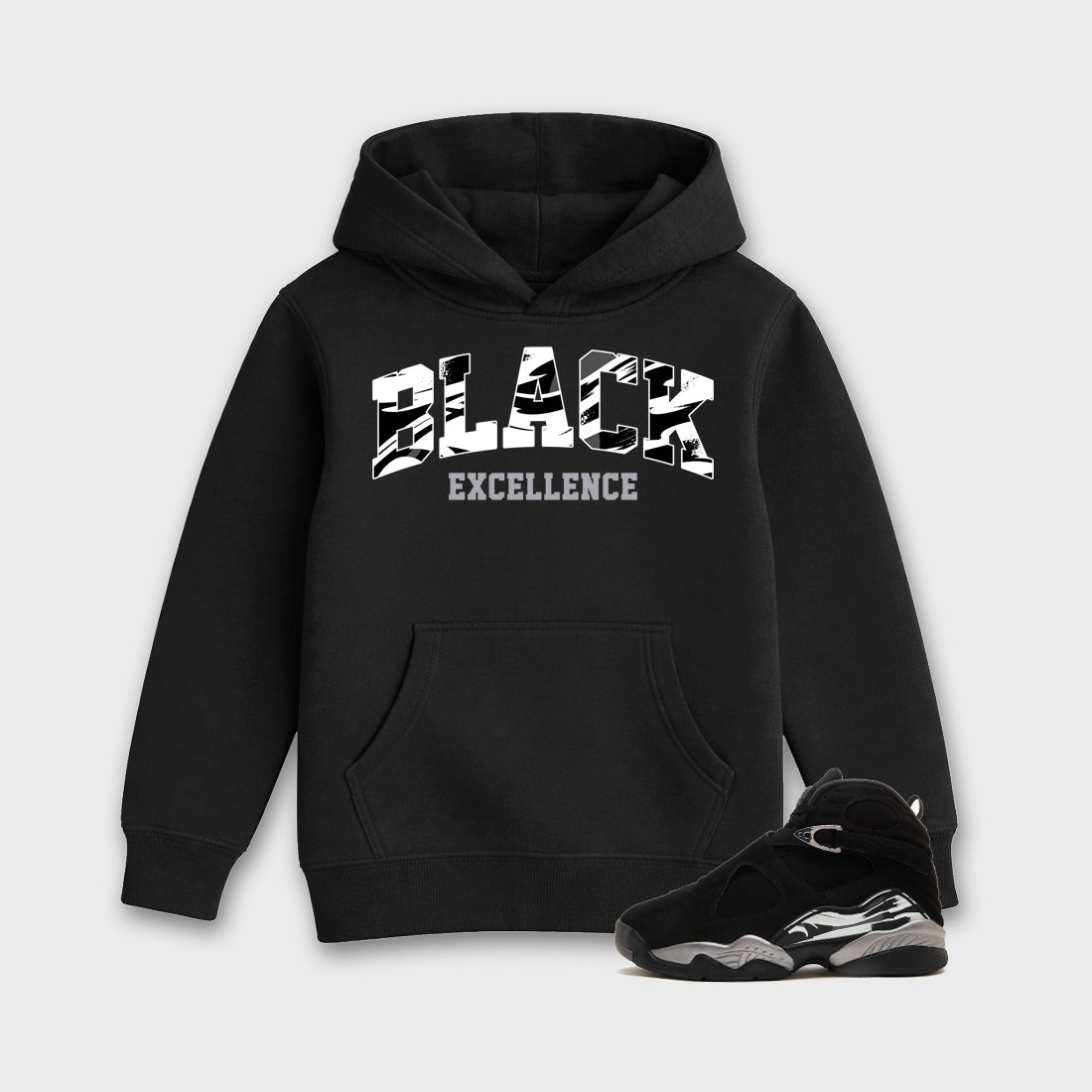 Varsity Black Excellence Baby & Kids Graphic Hoodie featuring original artwork designed to match the Air Jordan 8 Chrome. Black 1 Kids Graphic Sweater.