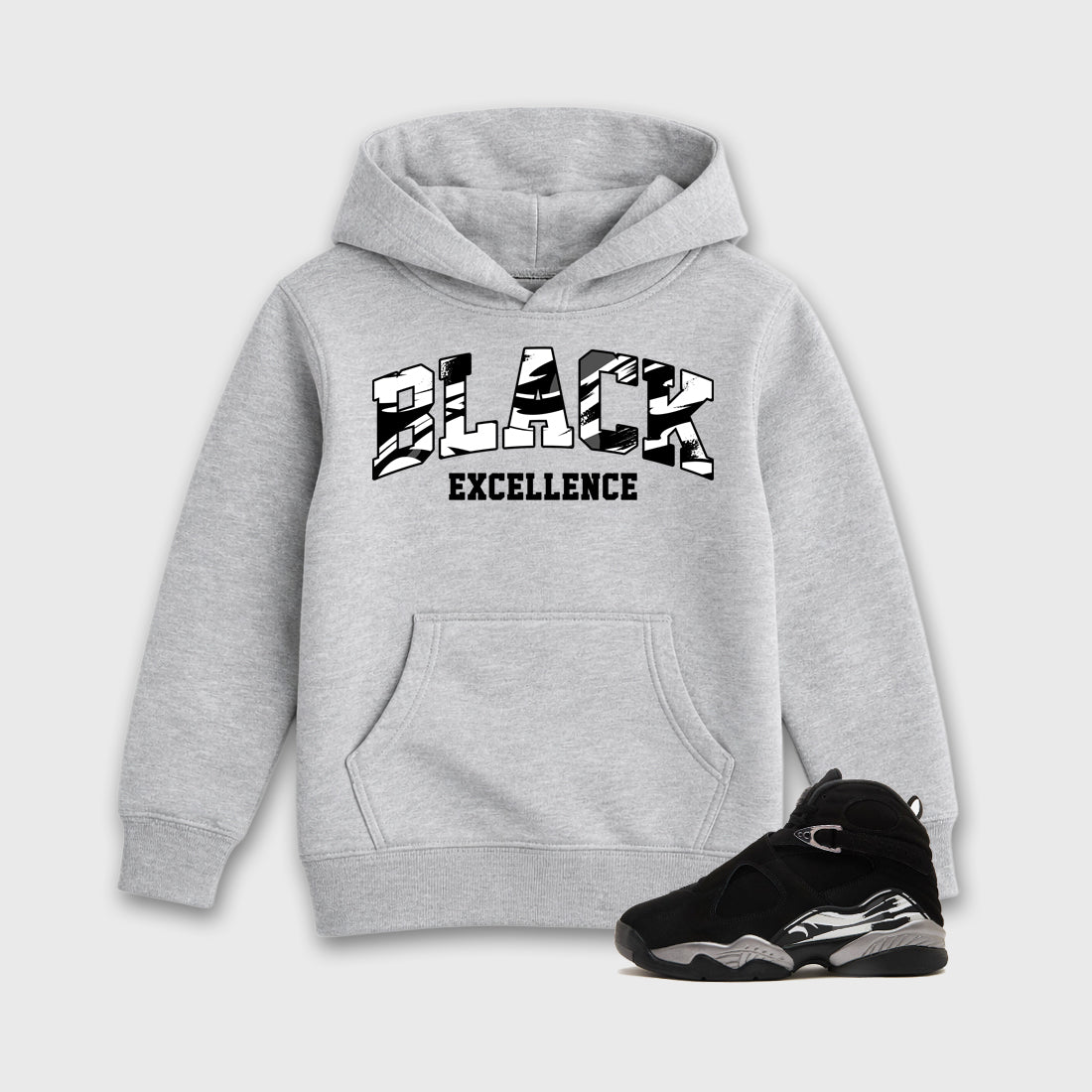 Varsity Black Excellence Baby & Kids Graphic Hoodie featuring original artwork designed to match the Air Jordan 8 Chrome. Heather Grey 1 Kids Graphic Sweater.