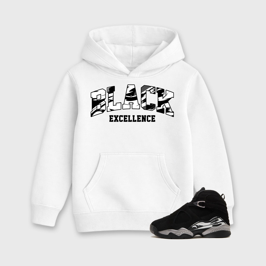 Varsity Black Excellence Baby & Kids Graphic Hoodie featuring original artwork designed to match the Air Jordan 8 Chrome. White 1 Kids Graphic Sweater.