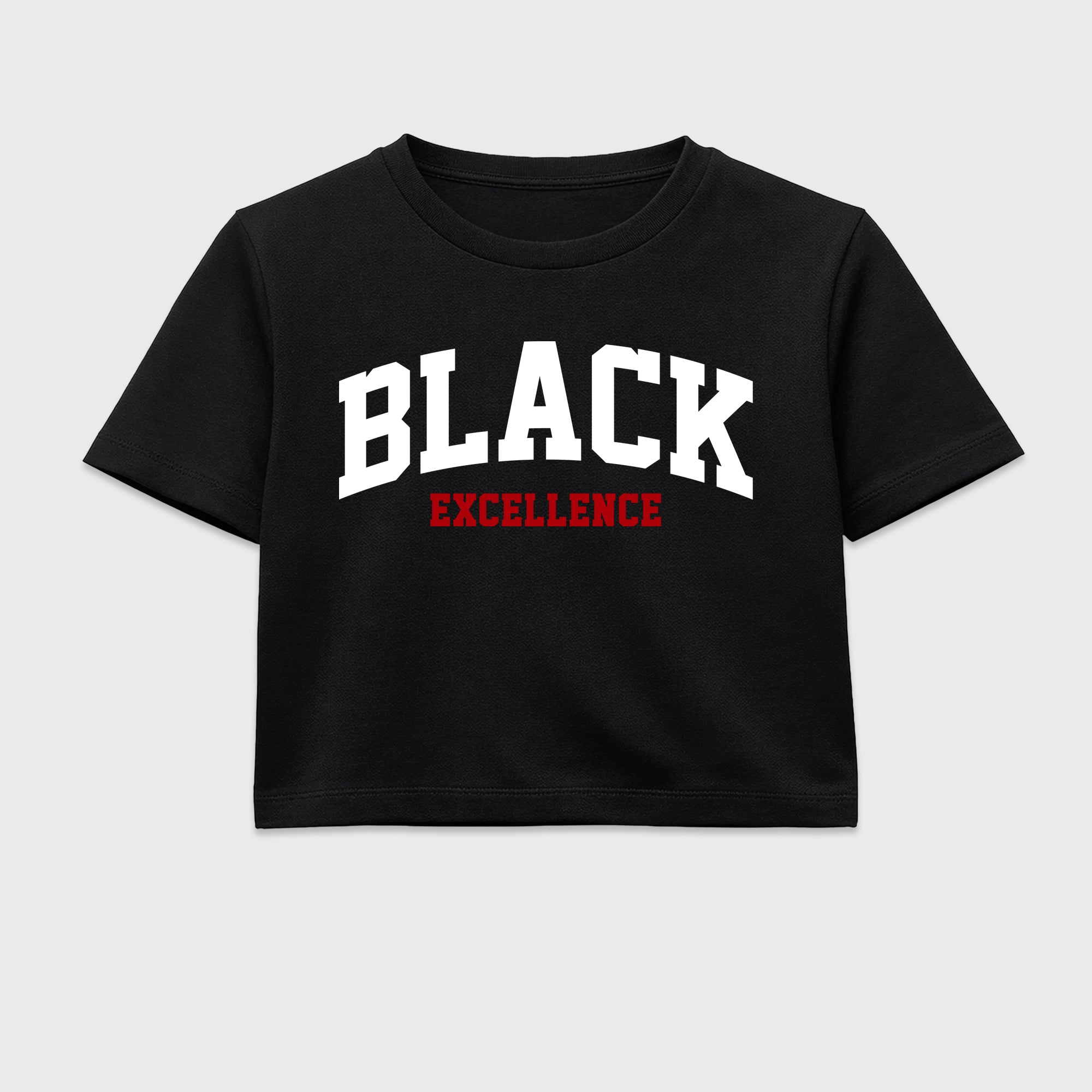 Varsity Black Excellence women’s crop tee designed to match the Air Jordan 9 True Red, featuring coordinated Black 2 options for a perfect streetwear vibe.