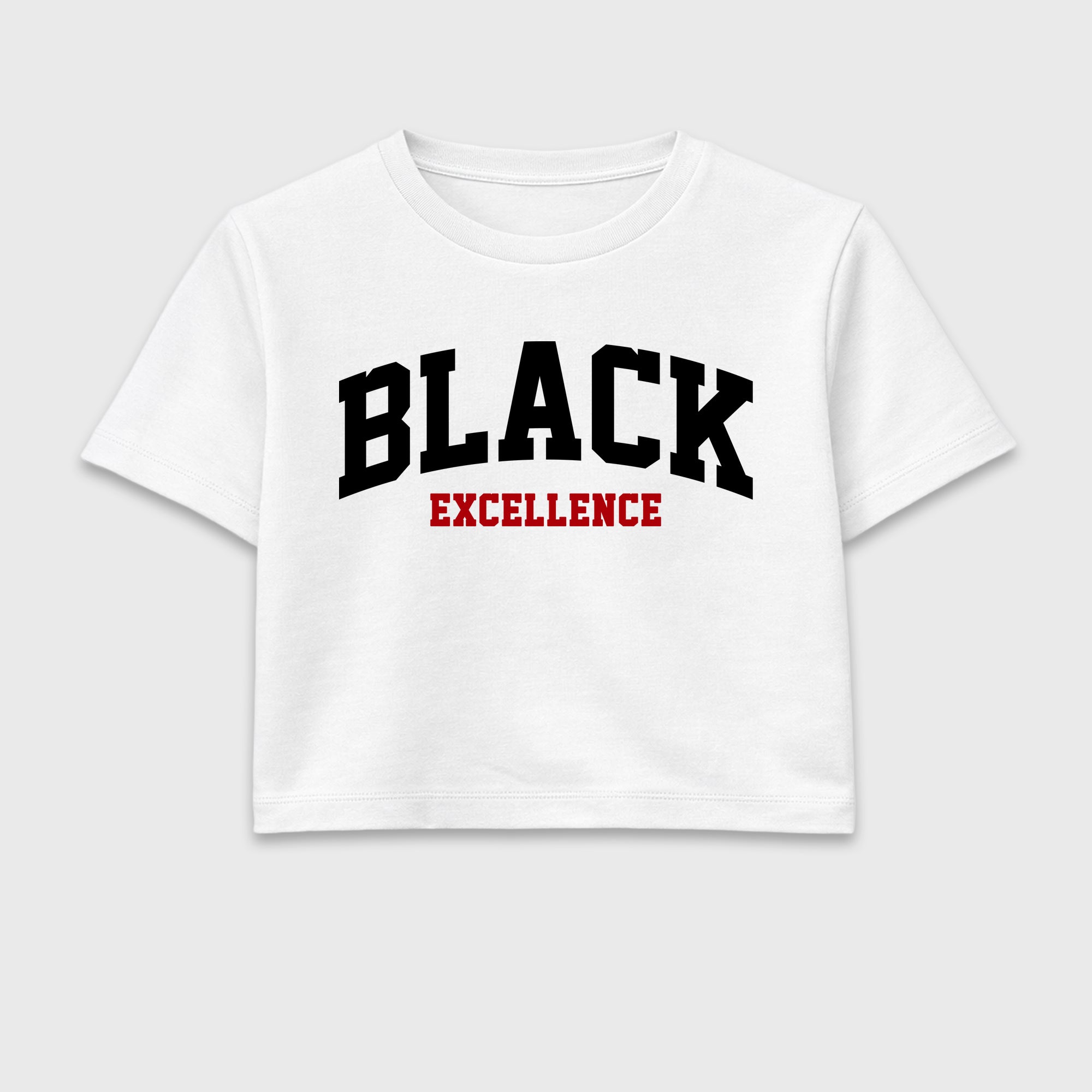 Varsity Black Excellence women’s crop tee designed to match the Air Jordan 9 True Red, featuring coordinated White 2 options for a perfect streetwear vibe.