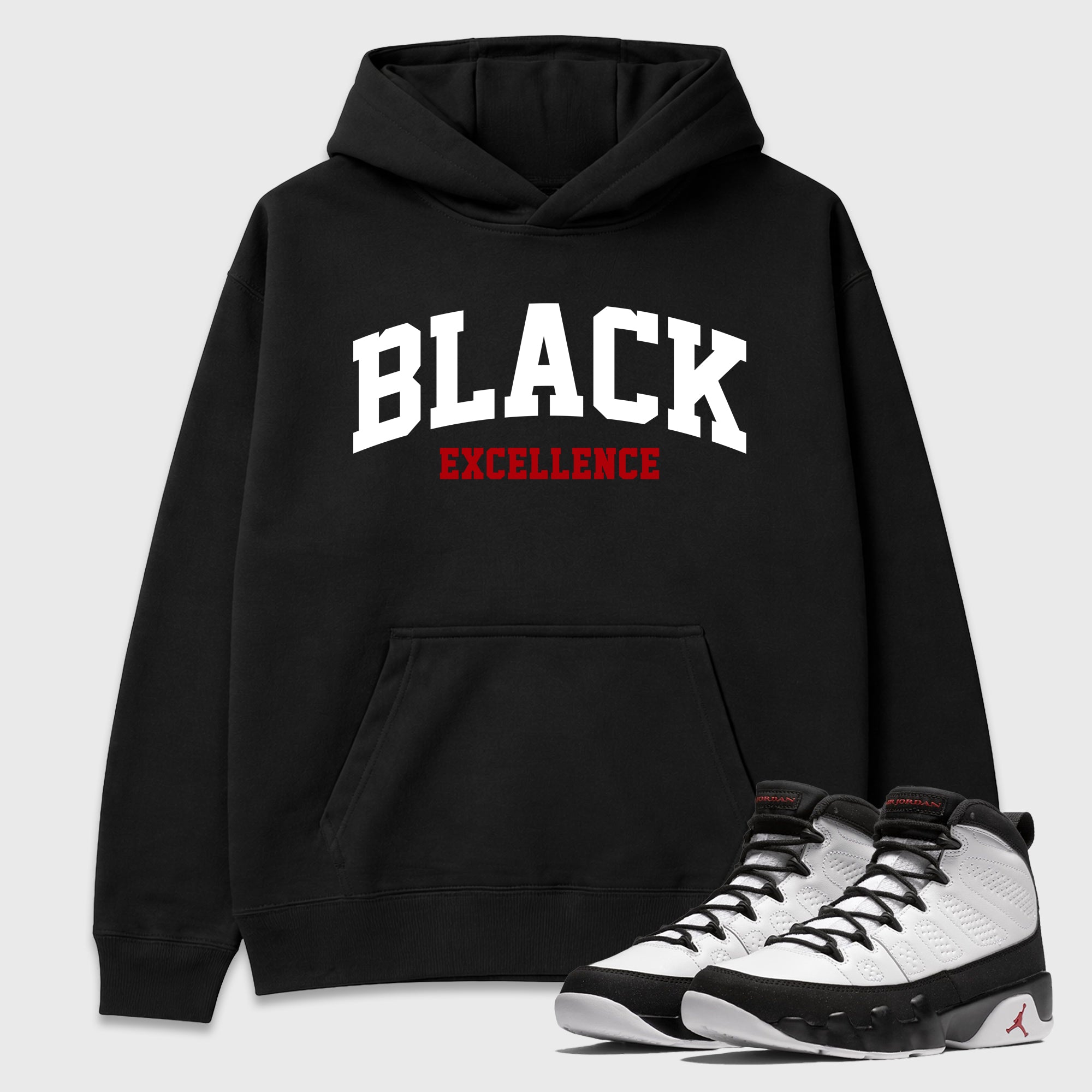 Varsity Black Excellence Graphic T-Shirt featuring original streetwear artwork designed to match the Air Jordan 9 True Red. Black 1 Graphic Tee.