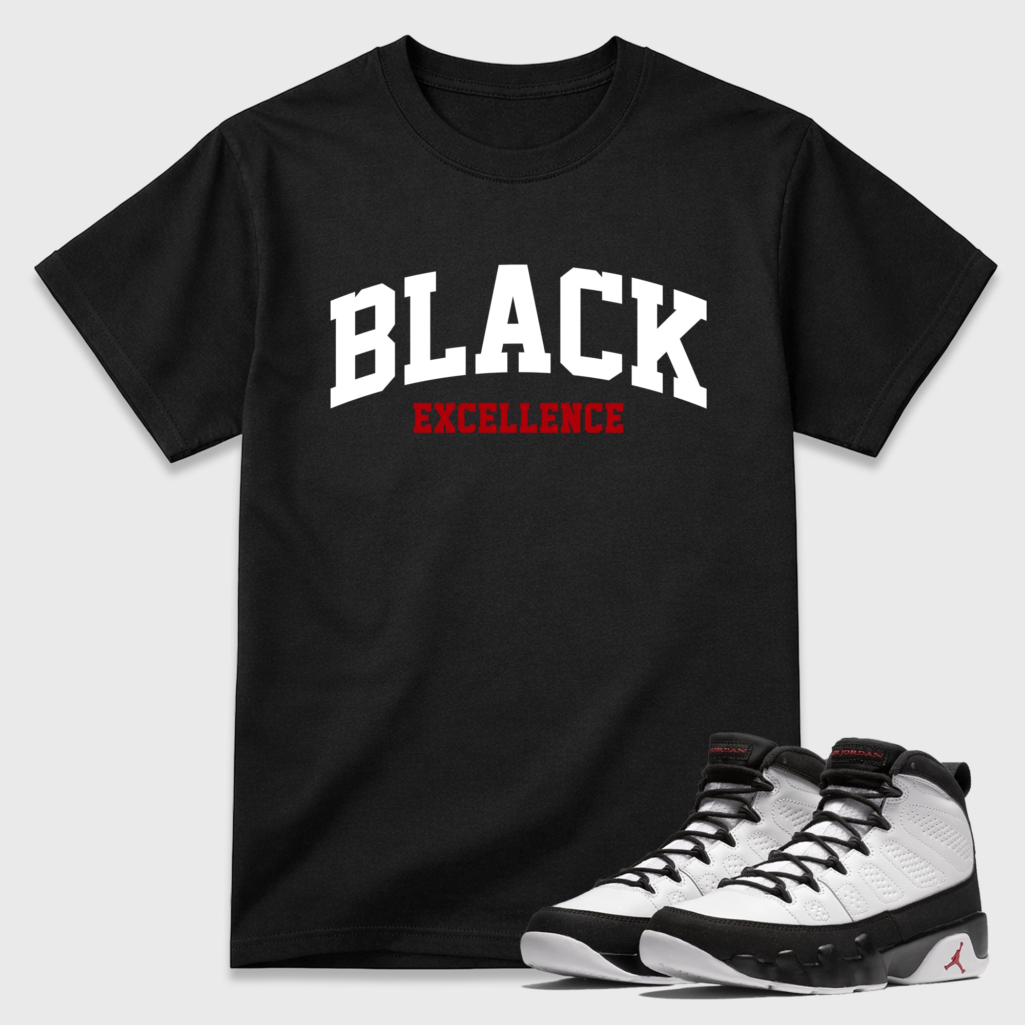 Varsity Black Excellence Graphic T-Shirt featuring original streetwear artwork designed to match the Air Jordan 9 True Red. Black 1 Graphic T-Shirt.
