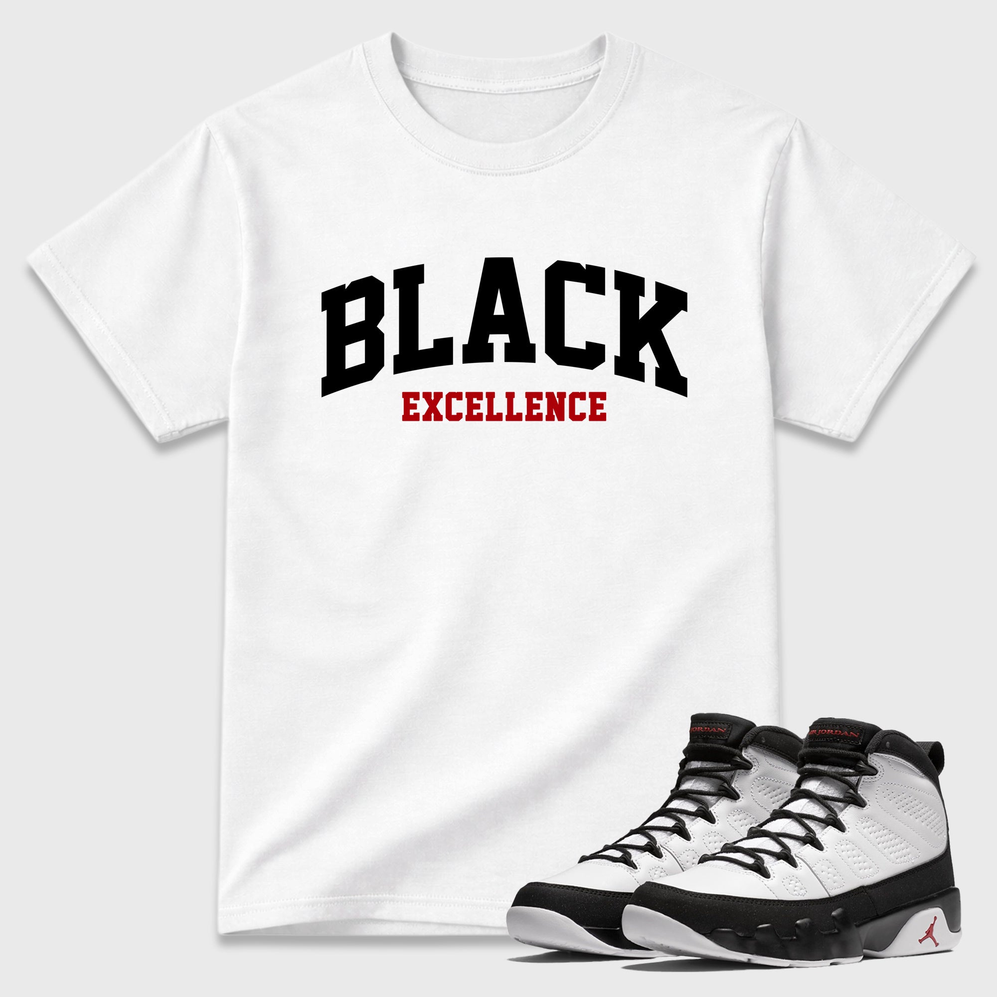 Varsity Black Excellence Graphic T-Shirt featuring original streetwear artwork designed to match the Air Jordan 9 True Red. White 1 Graphic T-Shirt.