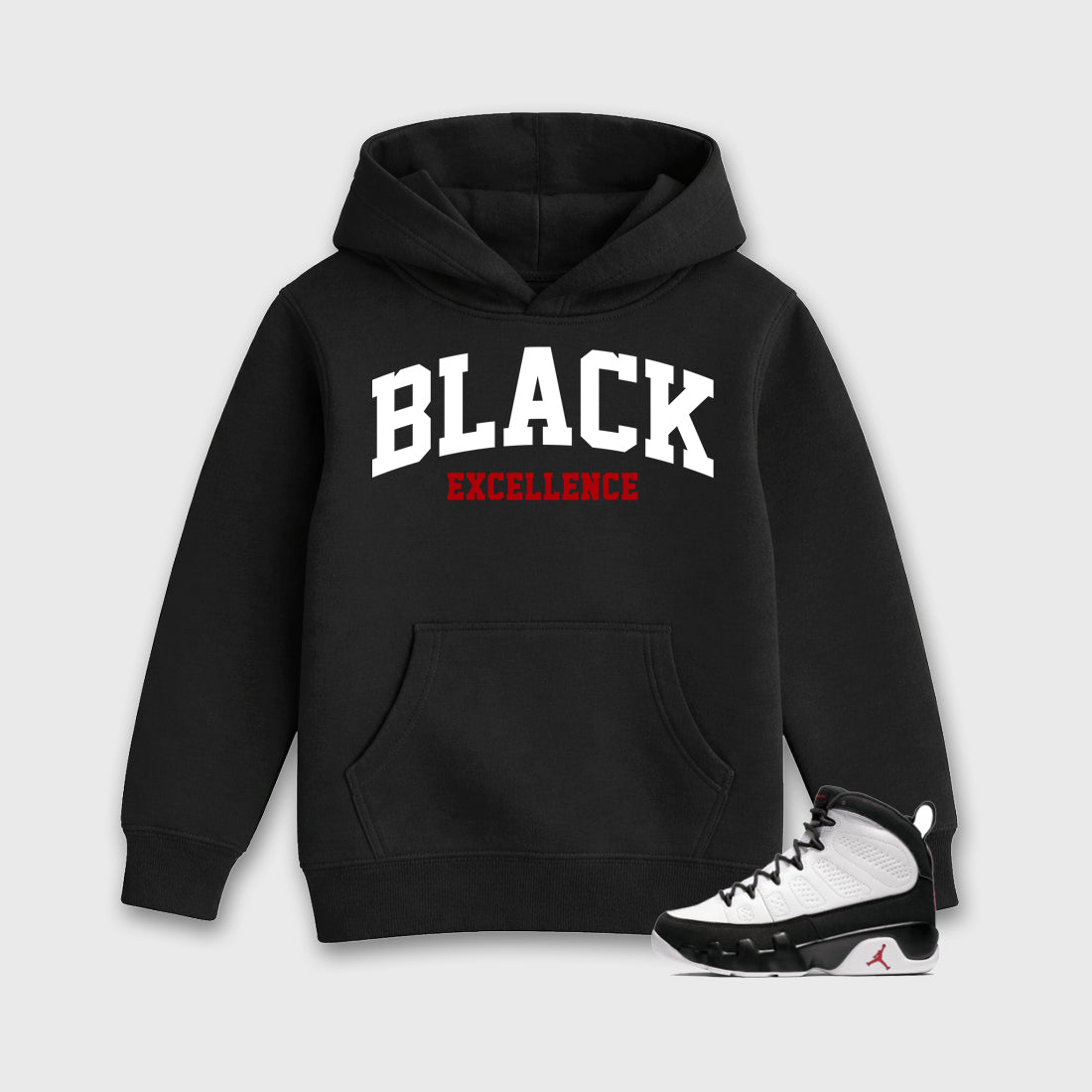 Varsity Black Excellence Baby & Kids Graphic Hoodie featuring original artwork designed to match the Air Jordan 9 True Red. Black 1 Kids Graphic Sweater.