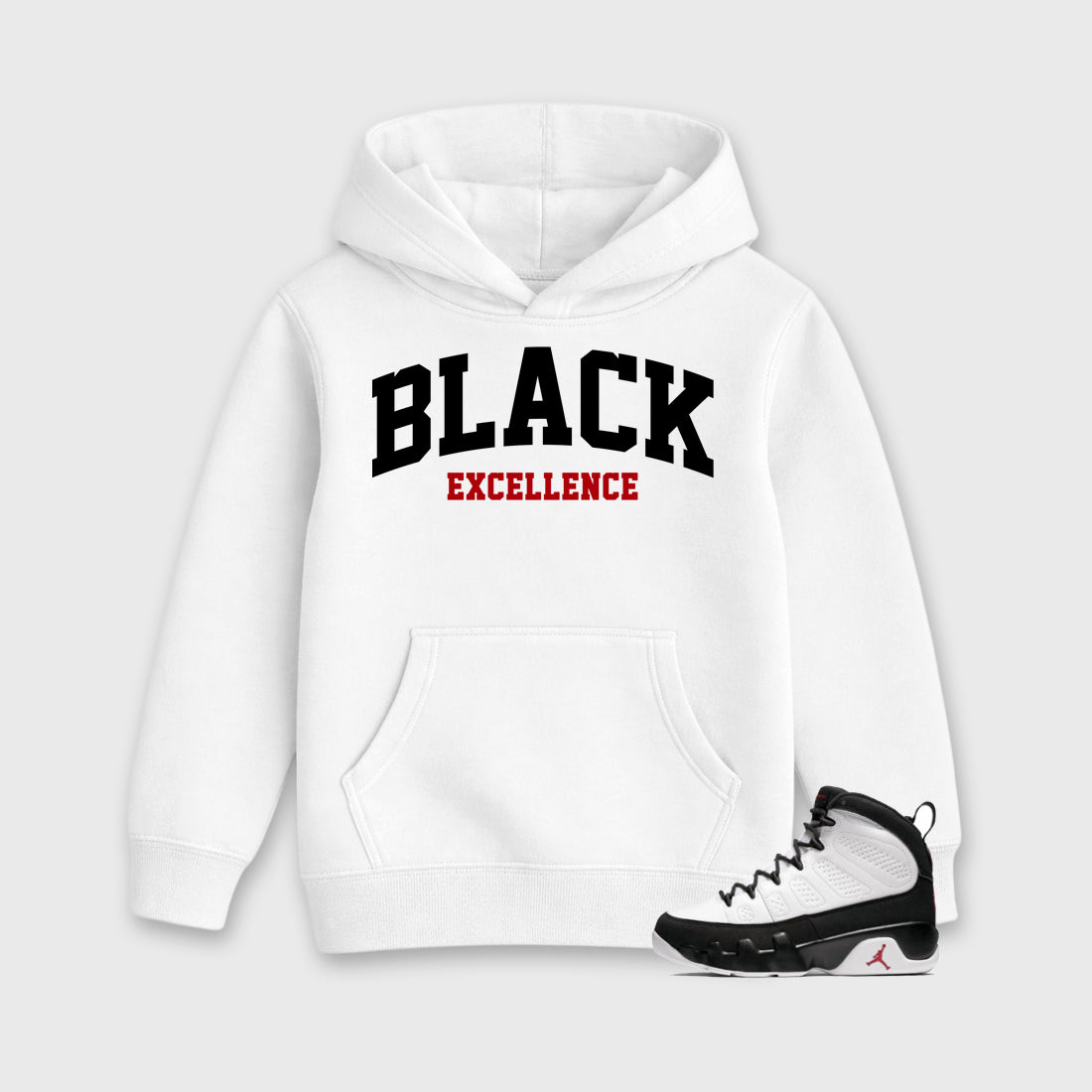 Varsity Black Excellence Baby & Kids Graphic Hoodie featuring original artwork designed to match the Air Jordan 9 True Red. White 1 Kids Graphic Sweater.