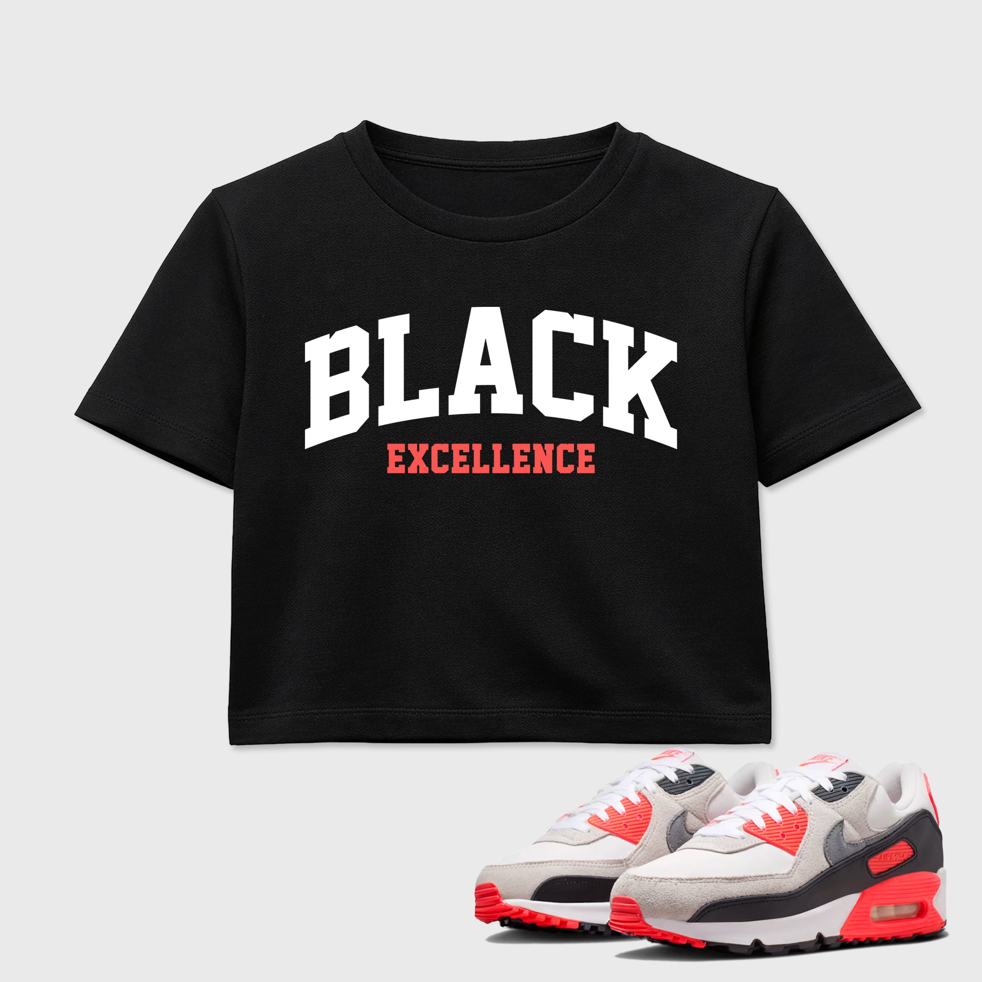 Sneaker match tees – Sneaker Tees To Match Air Max 90 Infrared Shoes – Varsity Black Excellence Crop T-Shirt Black 1