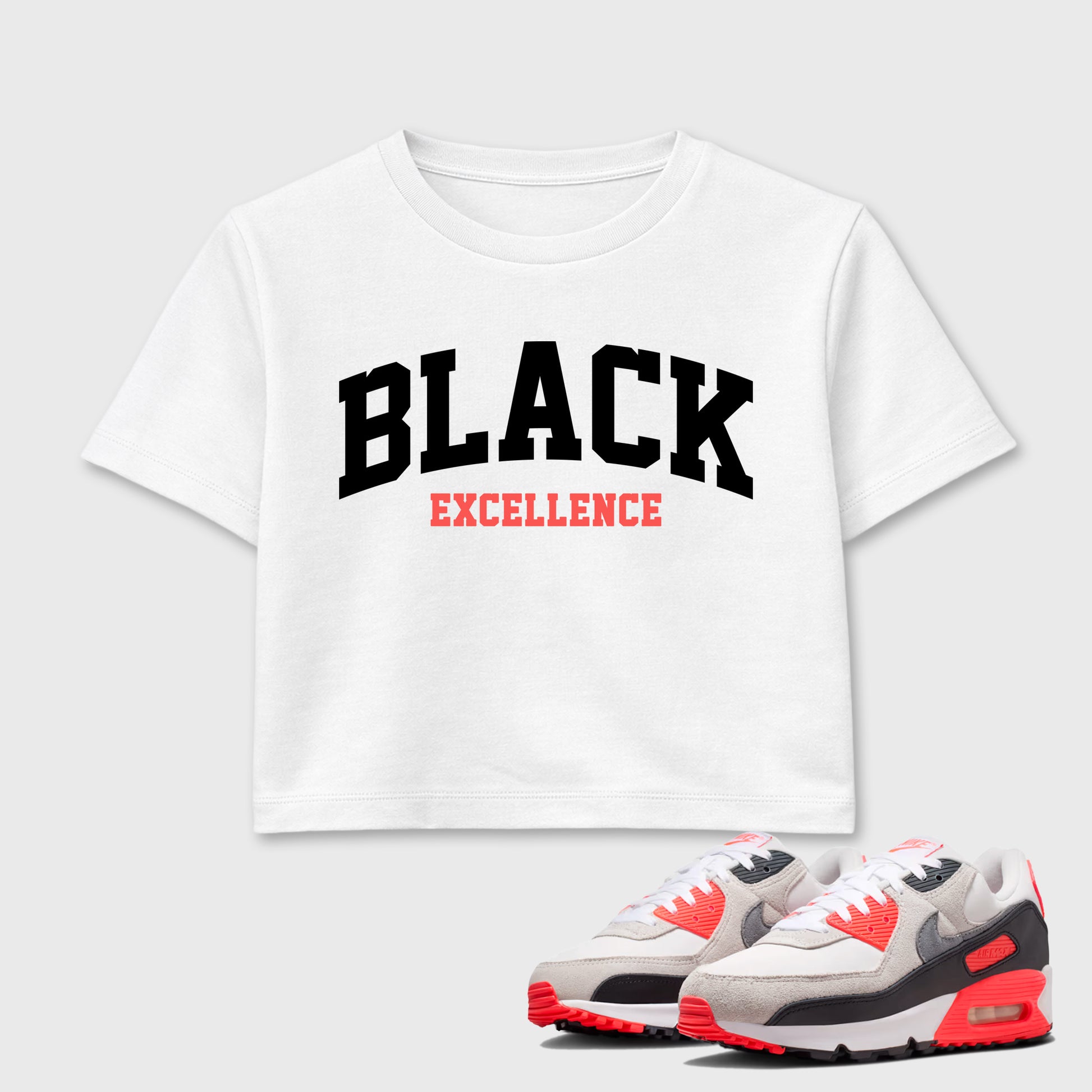 Sneaker match tees – Sneaker Tees To Match Air Max 90 Infrared Shoes – Varsity Black Excellence Crop T-Shirt White 1