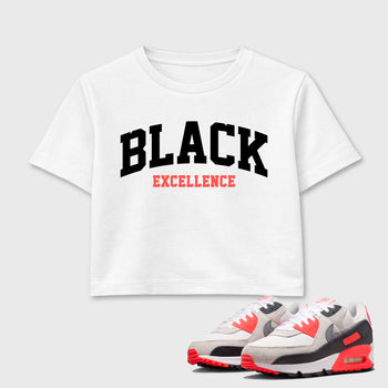 Sneaker match tees – Sneaker Tees To Match Air Max 90 Infrared Shoes – Varsity Black Excellence Crop T-Shirt White 1