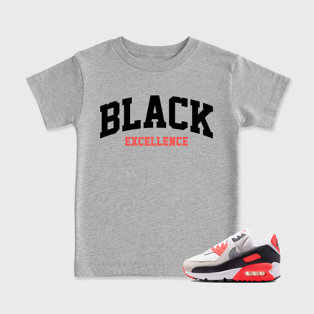 Sneaker match tees – Sneaker Tees To Match Air Max 90 Infrared Shoes – Varsity Black Excellence Kids T-Shirt Heather Grey 1