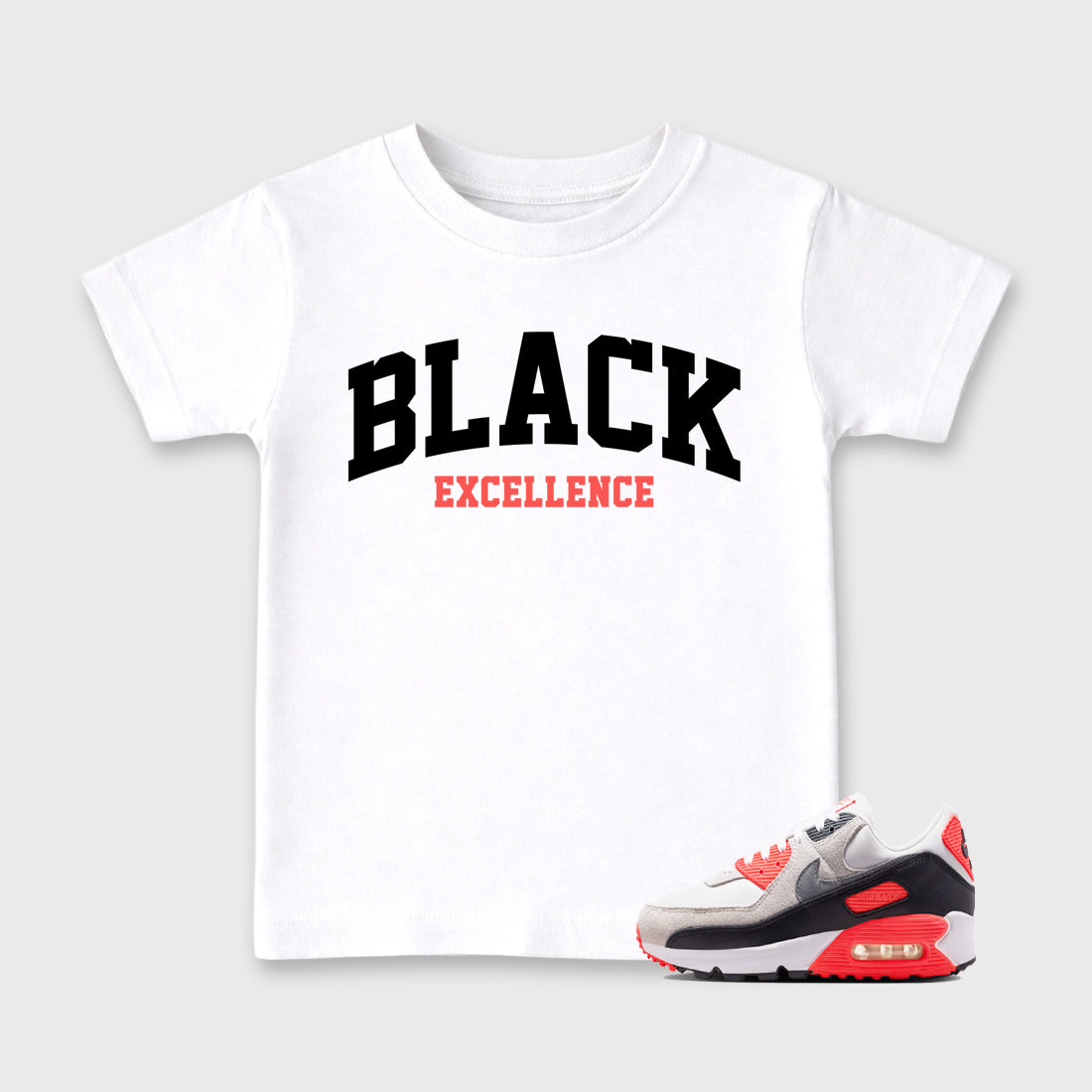 Sneaker match tees – Sneaker Tees To Match Air Max 90 Infrared Shoes – Varsity Black Excellence Kids T-Shirt White 1
