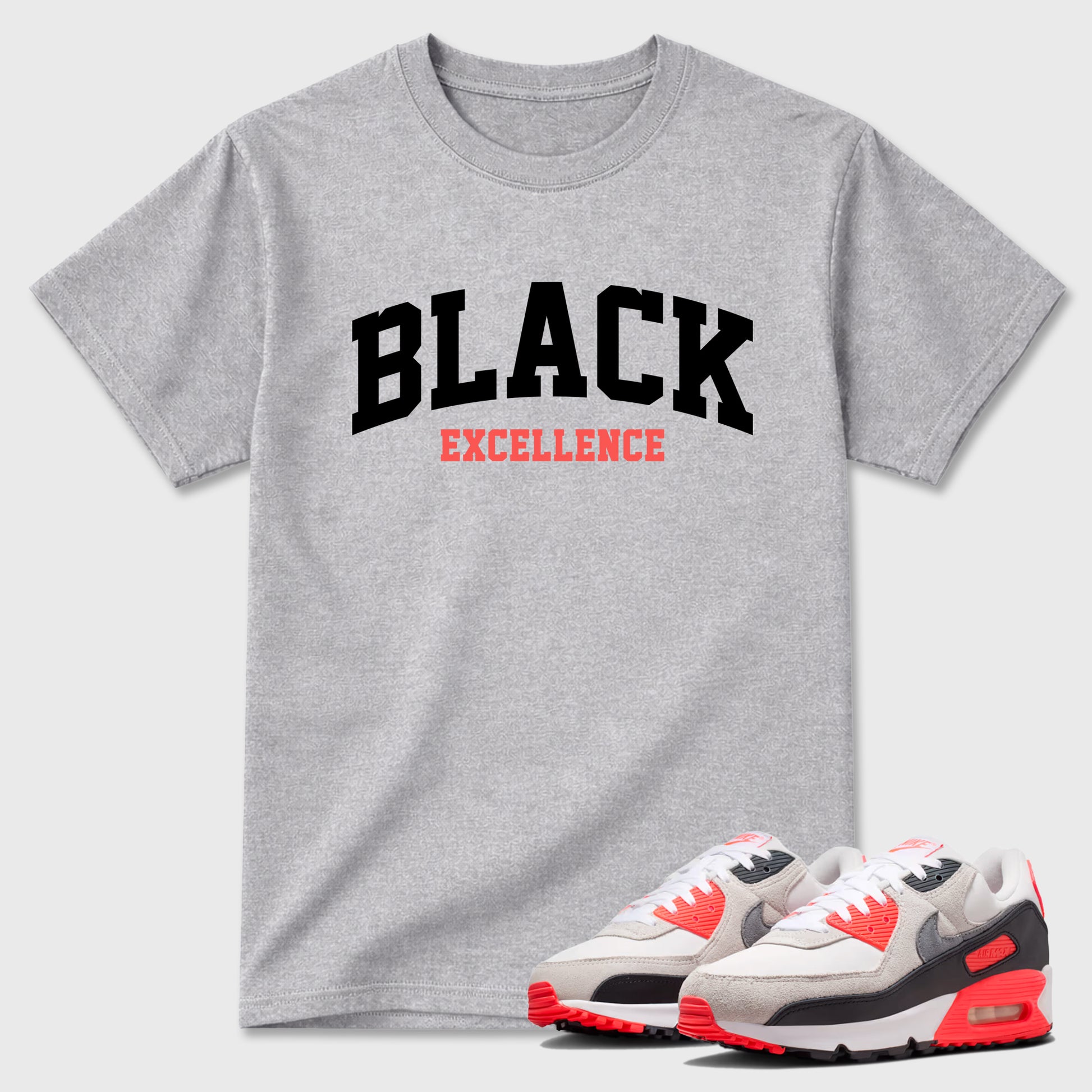 Sneaker match tees – Sneaker Tees To Match Air Max 90 Infrared Shoes – Varsity Black Excellence Tee Heather Grey 1