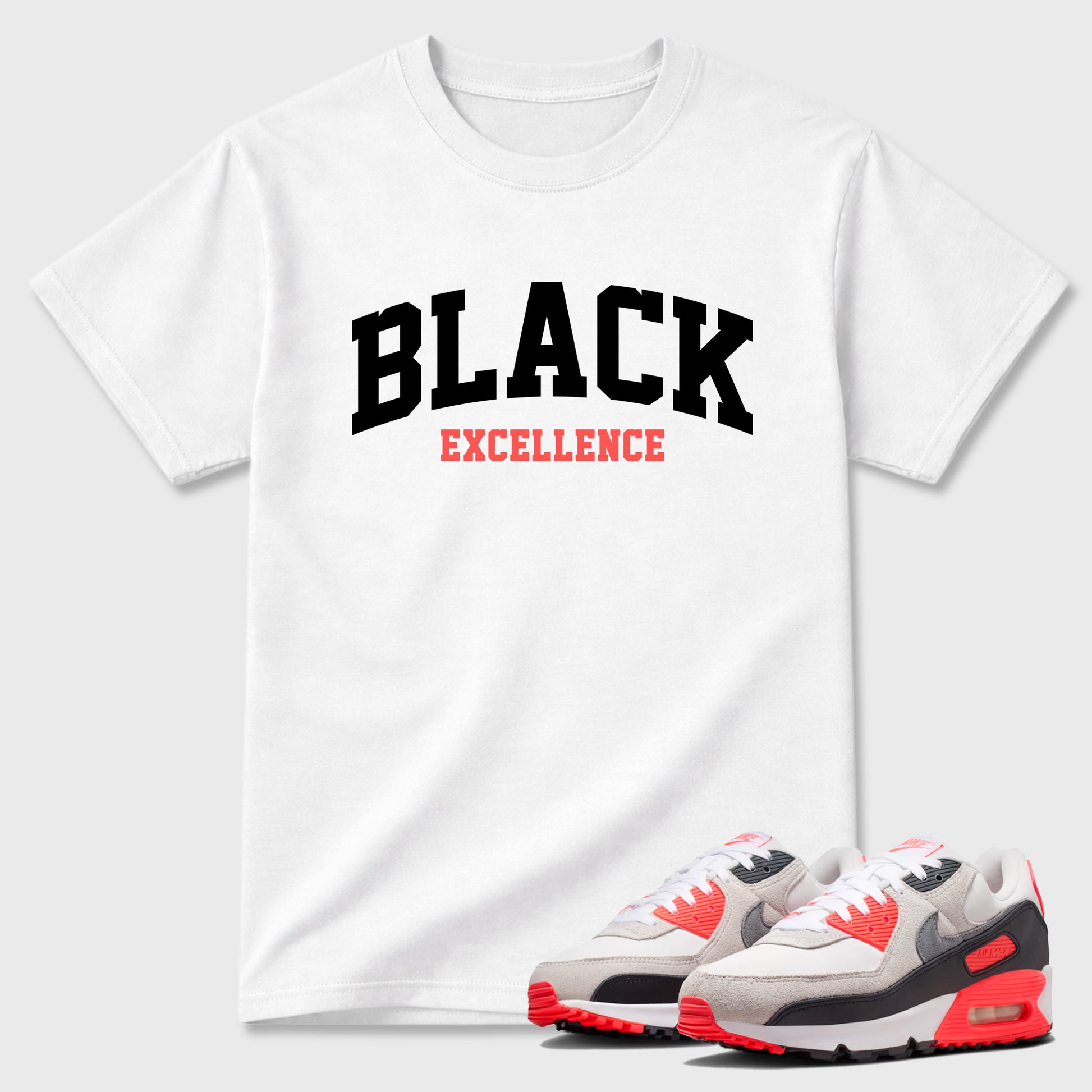 Sneaker match tees – Sneaker Tees To Match Air Max 90 Infrared Shoes – Varsity Black Excellence Tee White 1