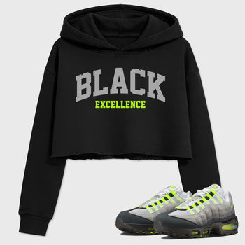 Sneakerfit graphic tee destination – Sneaker Tees To Match Air Max 95 Neon Yellow Sneakers – Varsity Black Excellence Crop T-Shirt Black 1