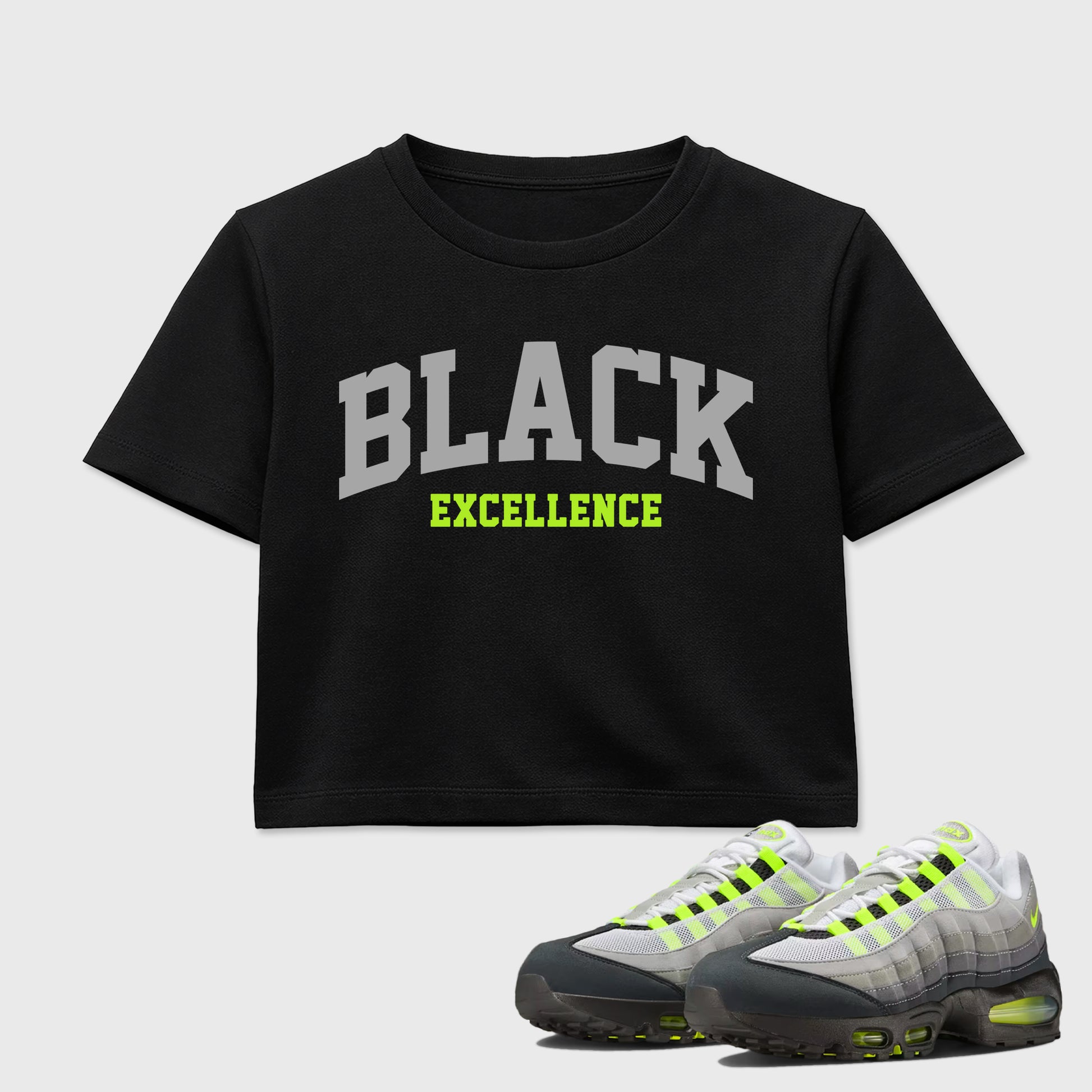 Sneakerfit graphic tee destination – Sneaker Tees To Match Air Max 95 Neon Yellow Sneakers – Varsity Black Excellence Crop T-Shirt Black 1