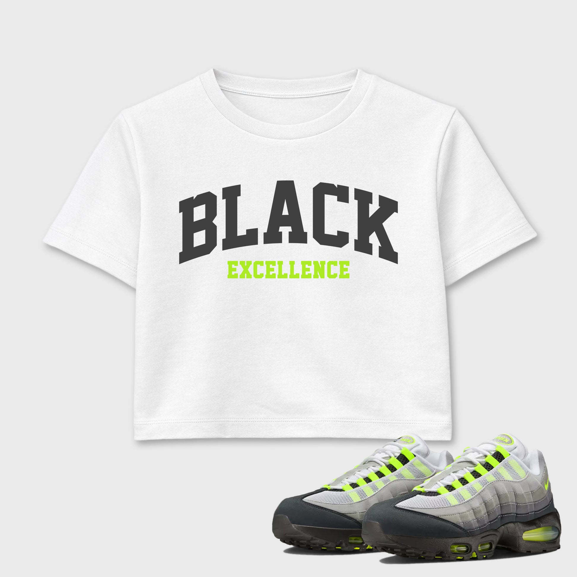 Sneakerfit graphic tee destination – Sneaker Tees To Match Air Max 95 Neon Yellow Sneakers – Varsity Black Excellence Crop T-Shirt White 1