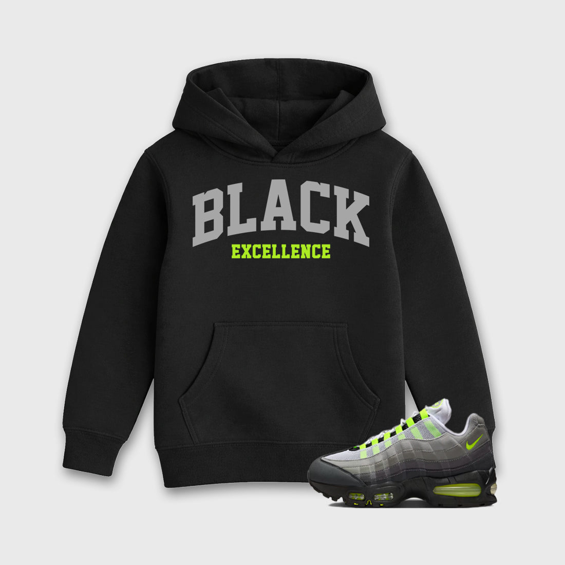 Sneakerfit graphic tee destination – Sneaker Tees To Match Air Max 95 Neon Yellow Sneakers – Varsity Black Excellence Kids T-Shirt Black 1